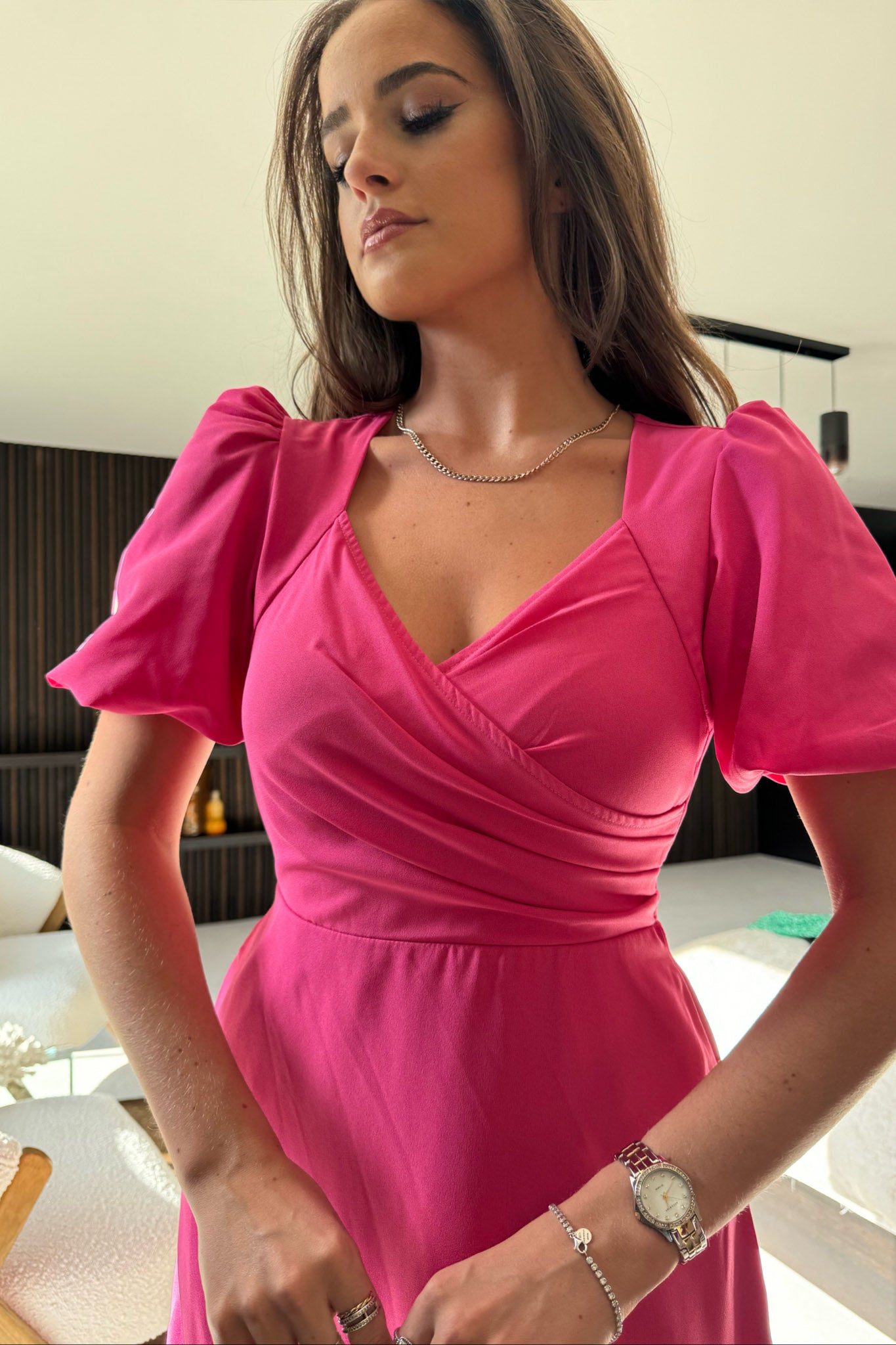 Tamsin Pink Wrap Detail Midi Dress