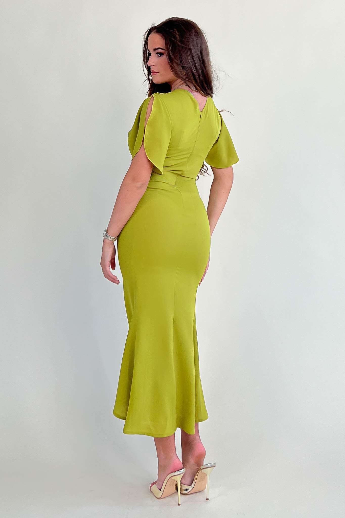 Cleo Olive Ruched Detail Midi Dress