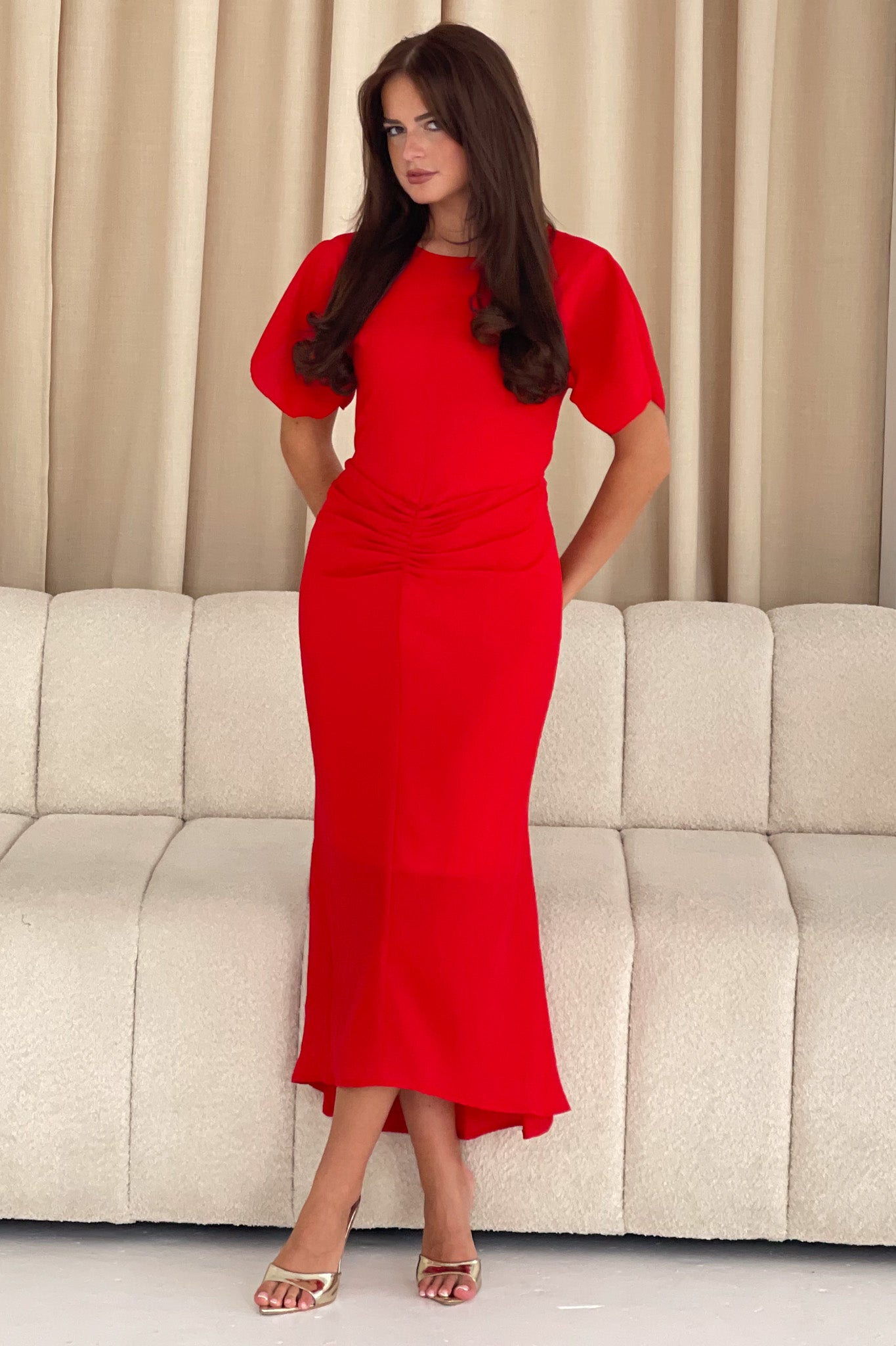 Cleo Red Ruched Detail Midi Dress cleo-red-ruched-detail-midi-dress