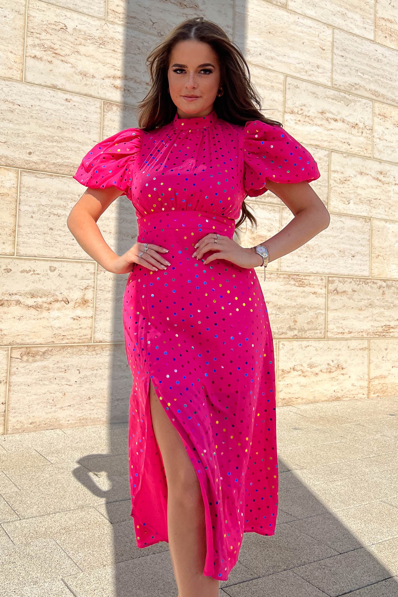 Lilith Pink With Multicolour Foil Puff Sleeve High Neck Midi Dress