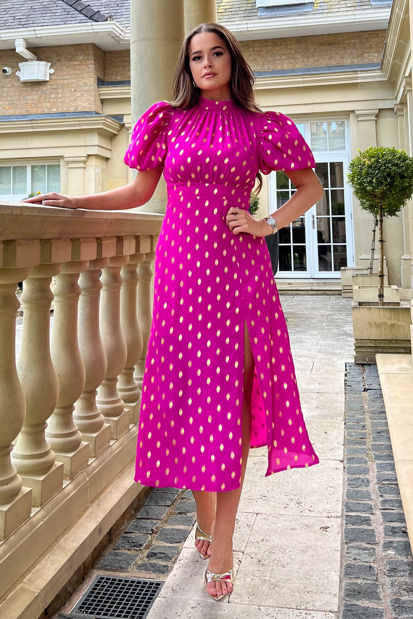 Lilith Multi Hot Pink with Gold Foil Puff Sleeve High Neck Midi Dress