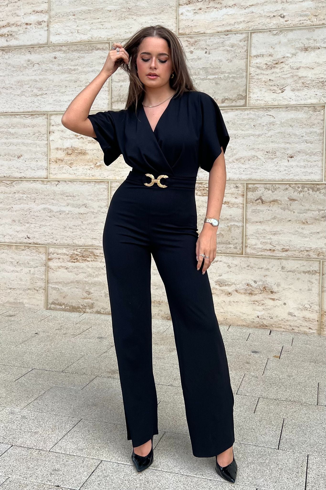 Milani Black Batwing Jumpsuit With Buckle Detail