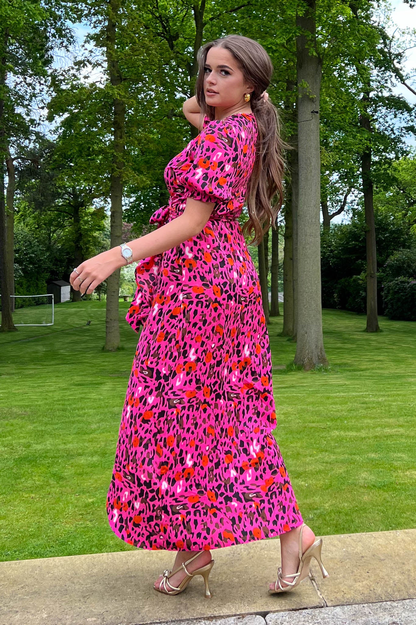 Lydia Split Hem Frill Detail Pink Leopard Maxi Dress