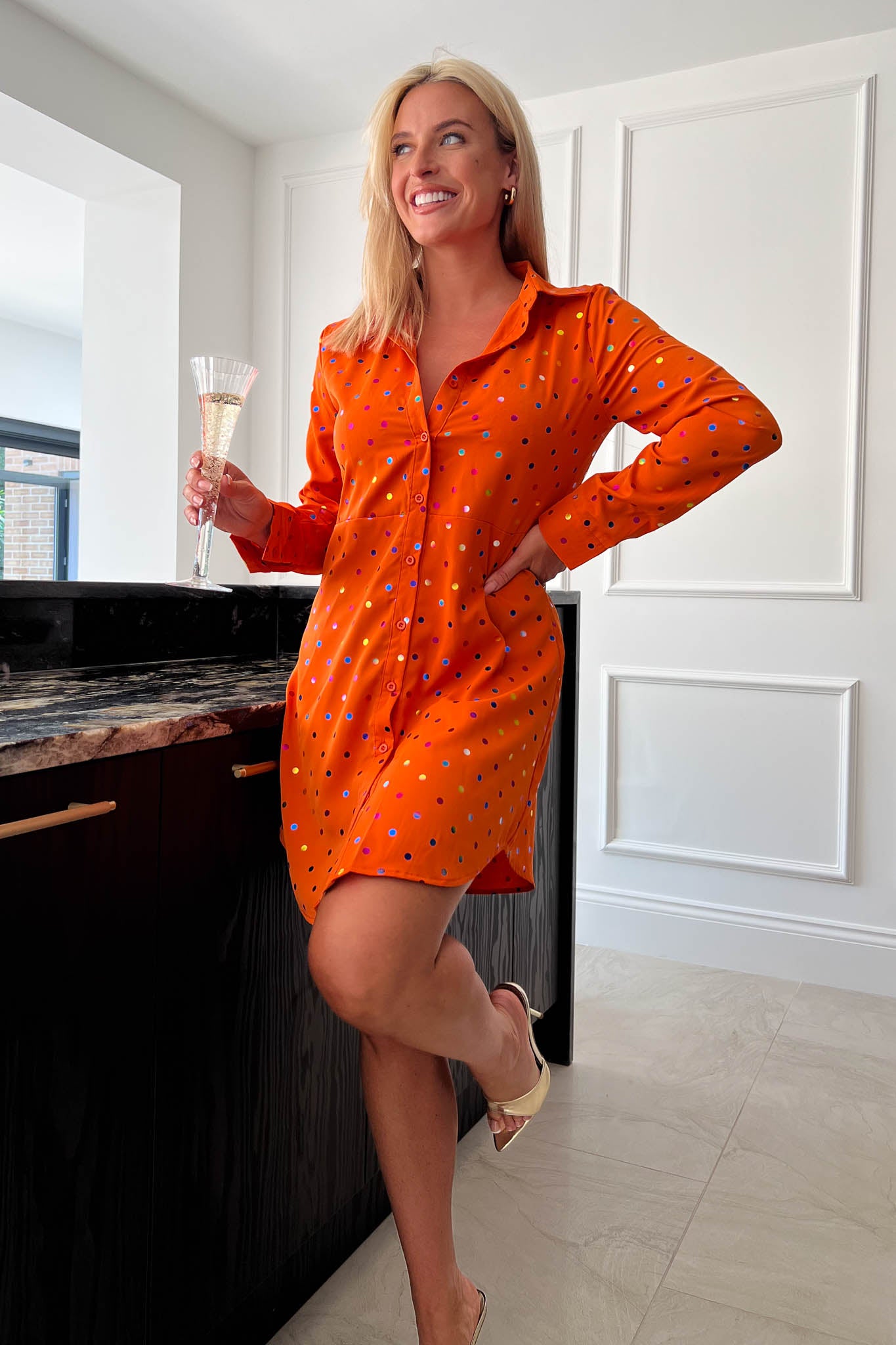 Alana Orange & Multi Colour Foil Spot Shirt Dress