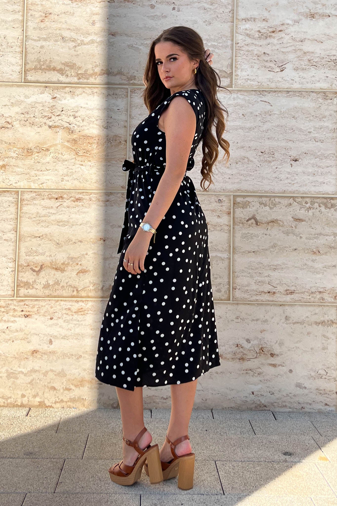 Amay Padded Shoulder Midi Dress Black Polka