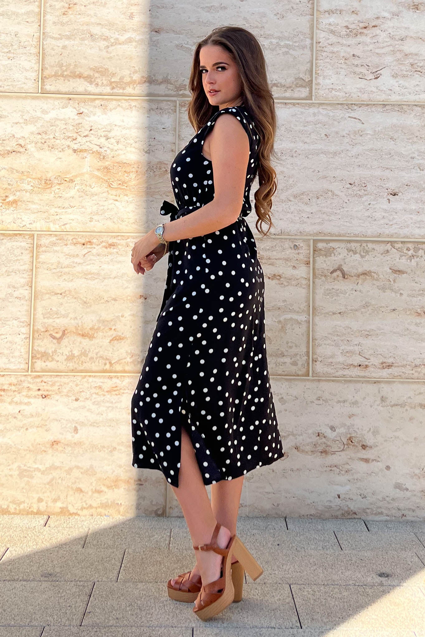 Amay Padded Shoulder Midi Dress Black Polka