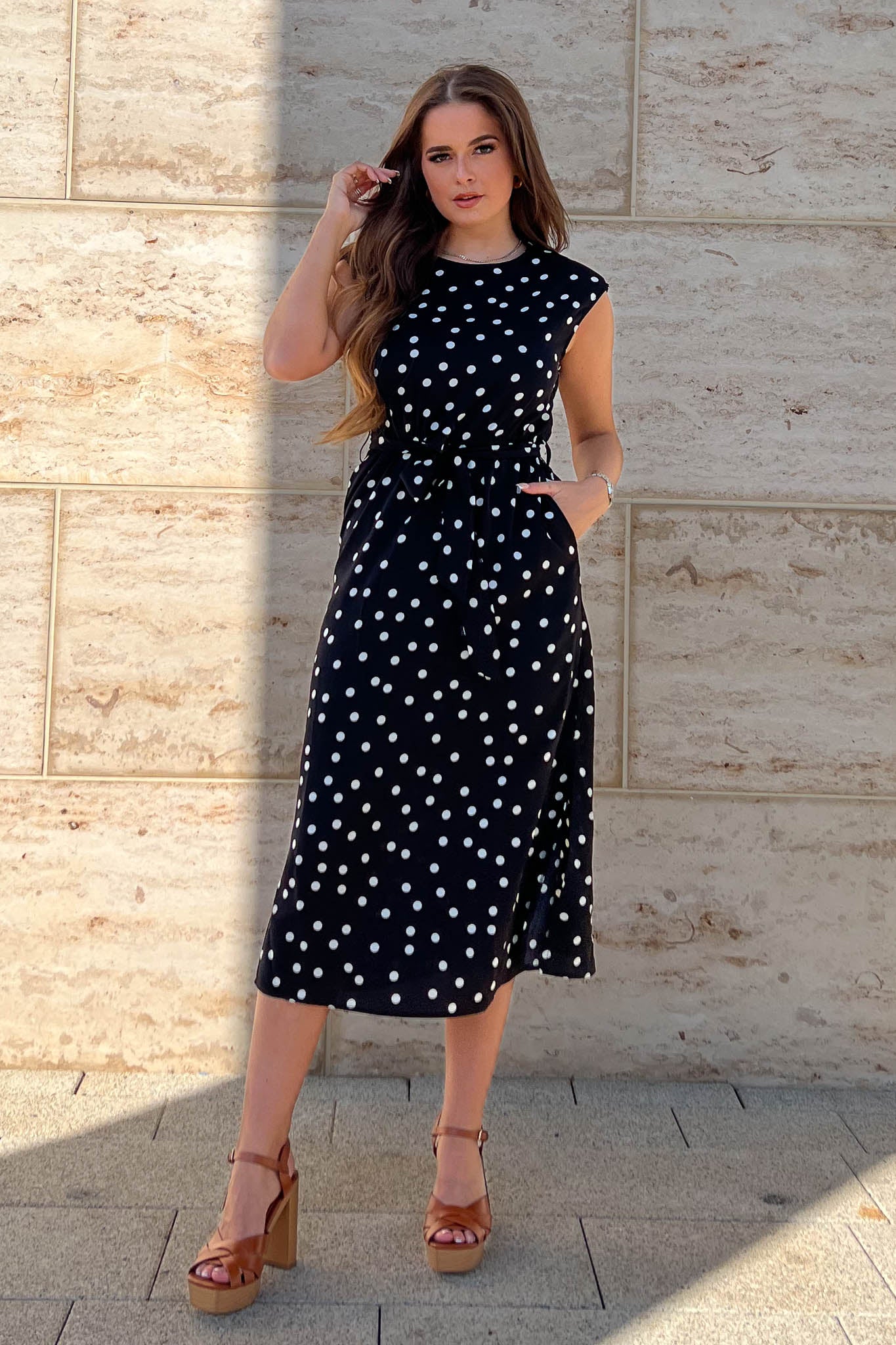 Amay Padded Shoulder Midi Dress Black Polka