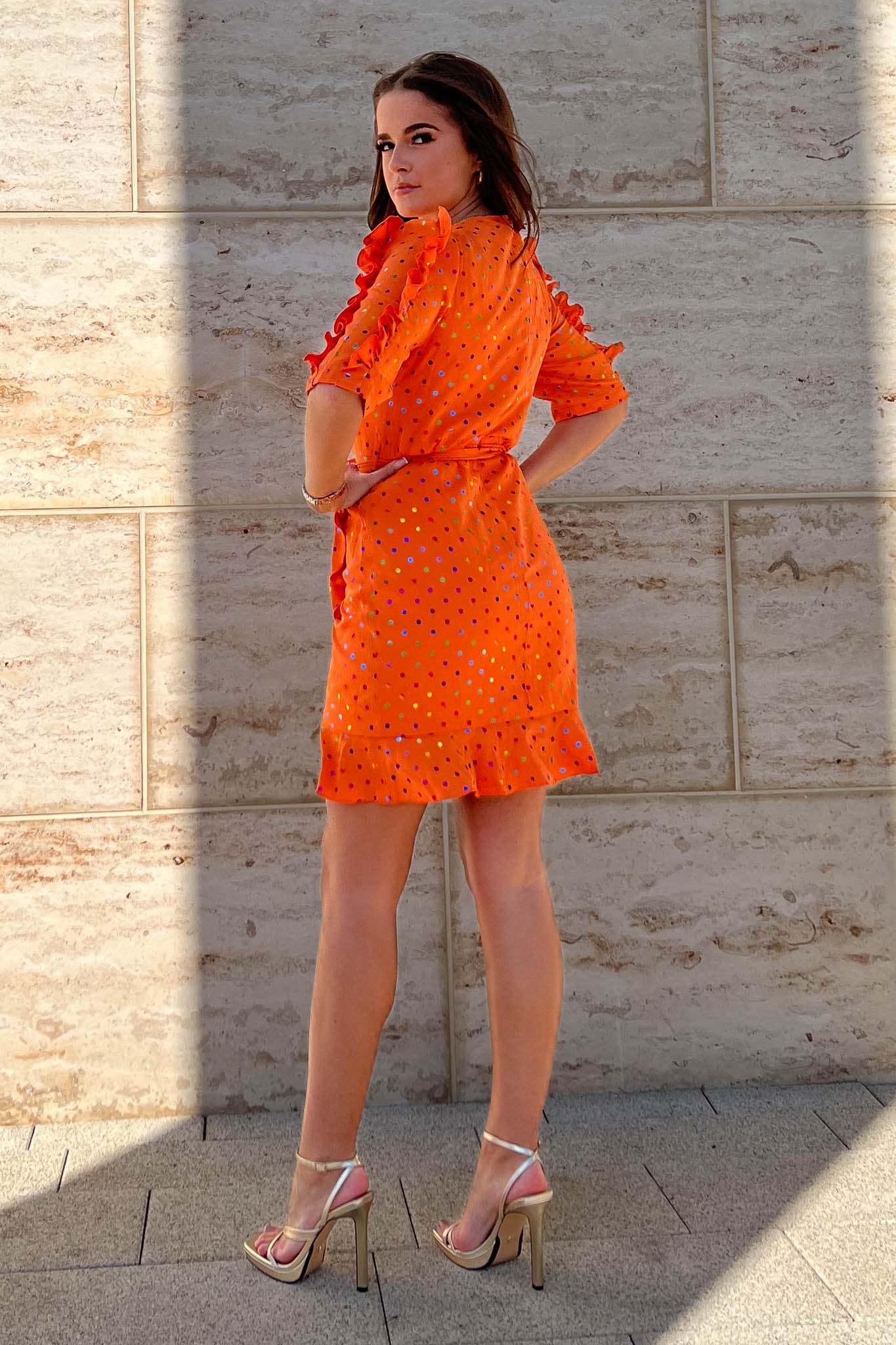 Lucia Orange Wrap Skirt Mini Dress With Multicolour Spot