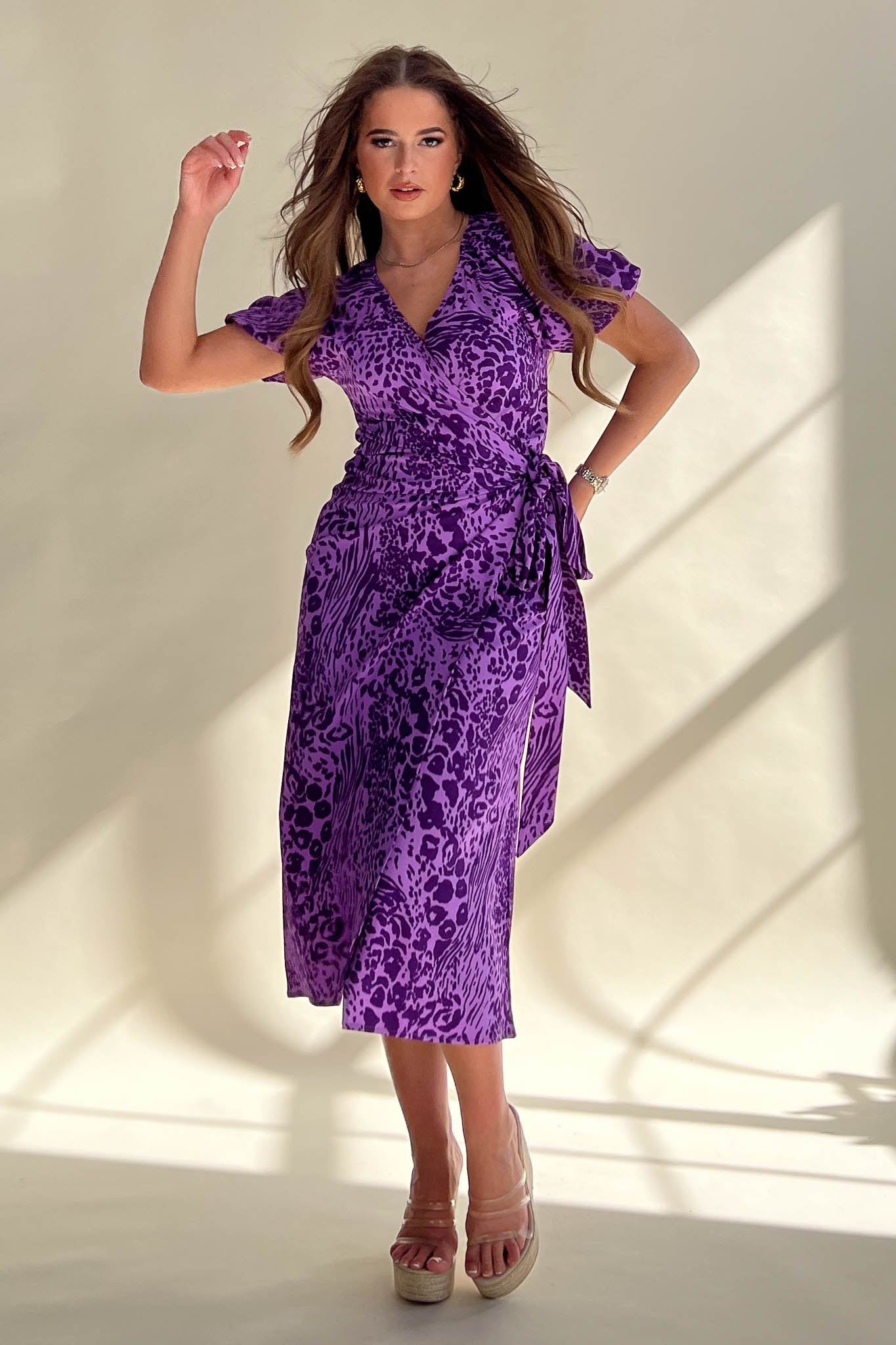 Gabriella Purple Animal Wrap Design Midi Dress