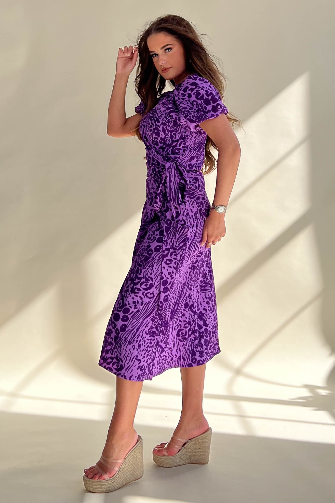 Gabriella Purple Animal Wrap Design Midi Dress