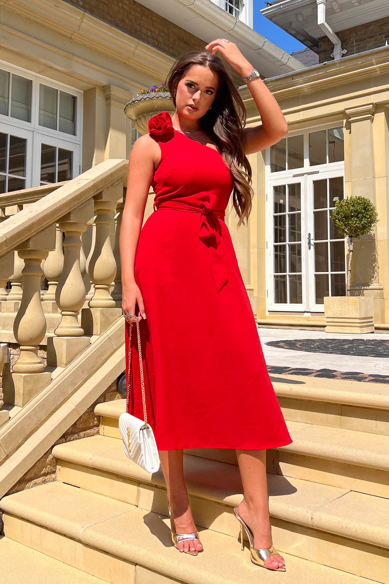 Whitney Red One Shoulder Corsage Midi Dress