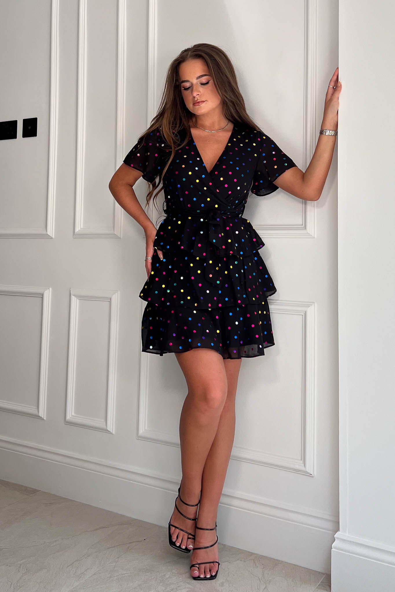 Elaina Black & Multi Colour Foil Spot Mini Dress
