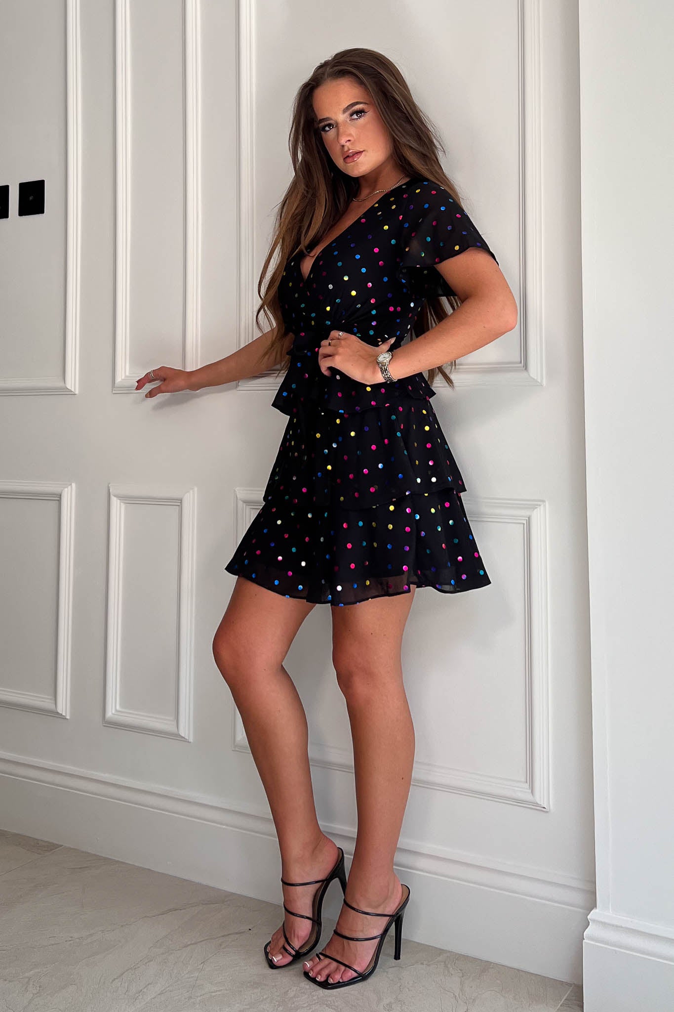 Elaina Black & Multi Colour Foil Spot Mini Dress