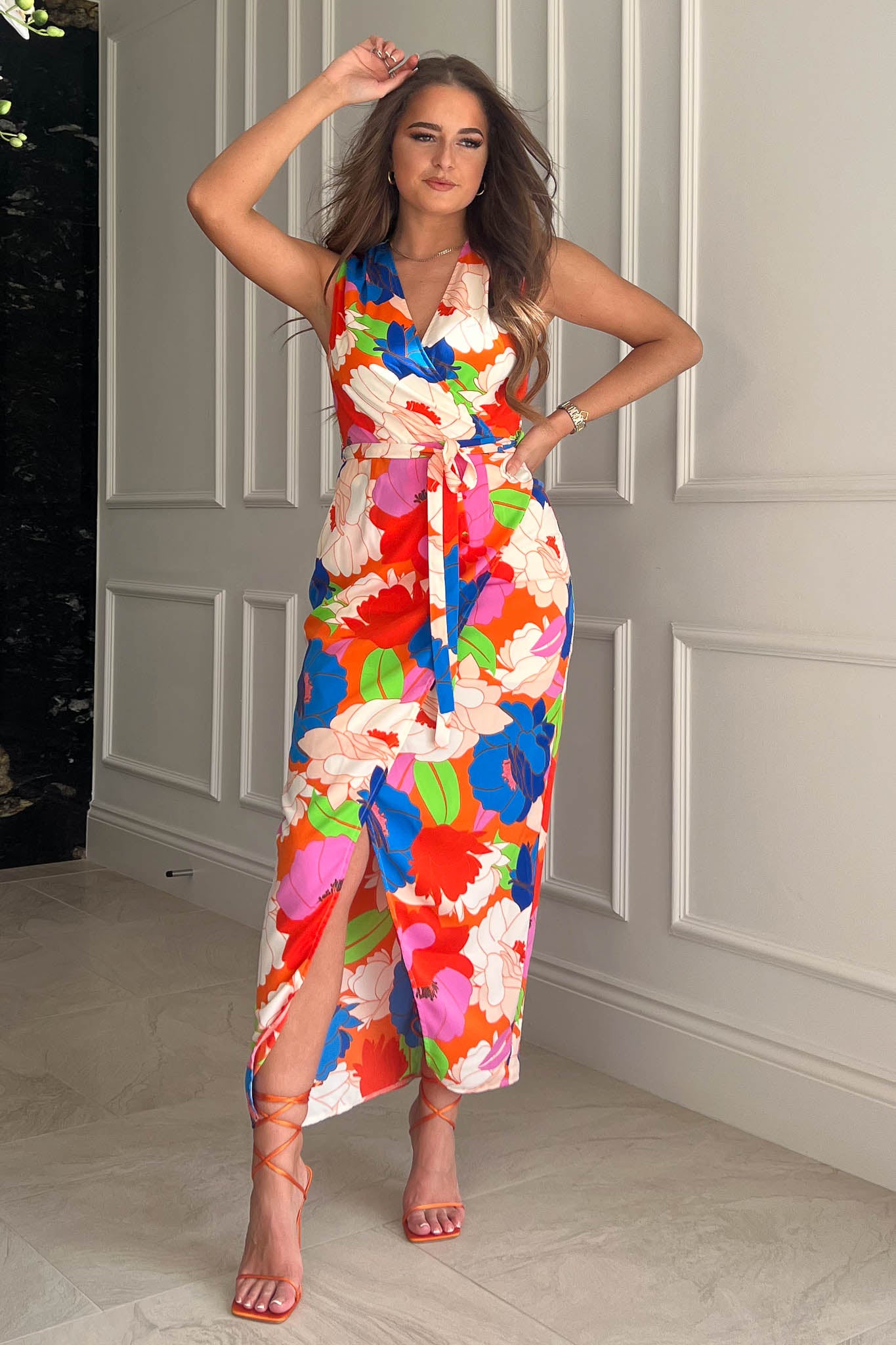 Darla Multi Colour Floral Wide Shoulder Wrap Maxi Dress