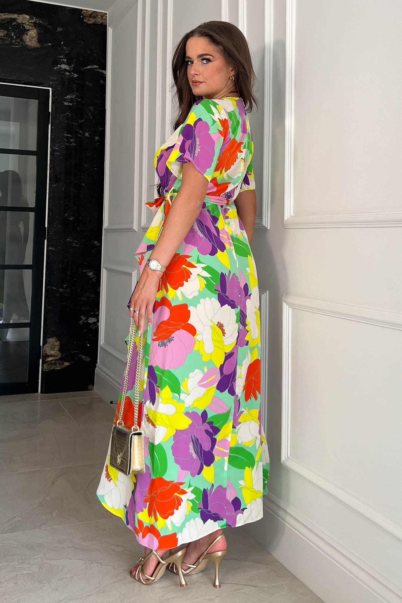 Farrah Yellow/ Purple Floral Split Hem Frill Detail Maxi Dress