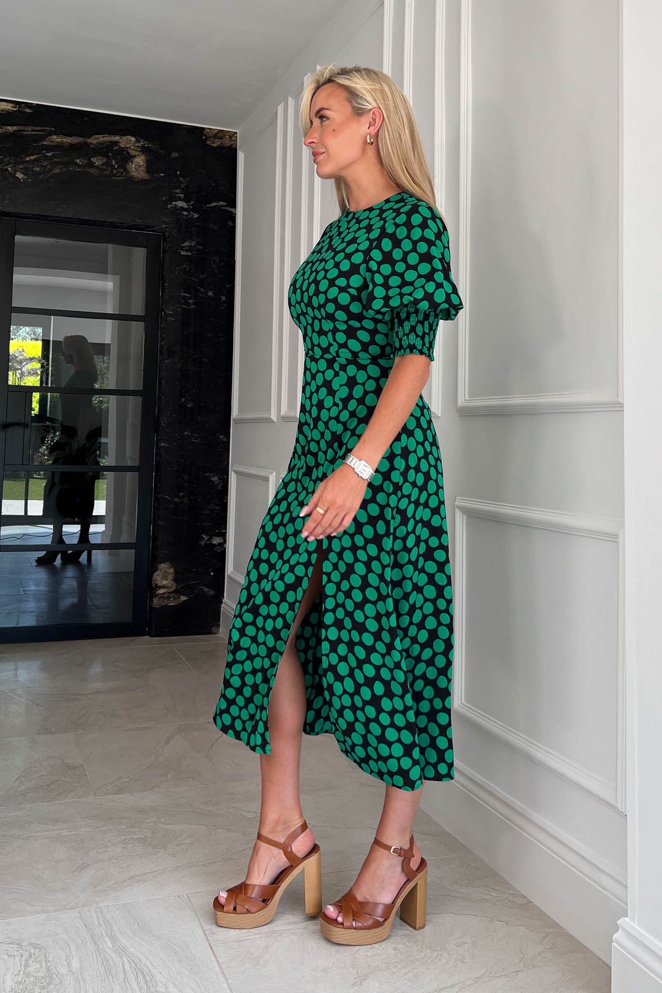 Shayla Green Polka Shirred Cuff Midi Dress