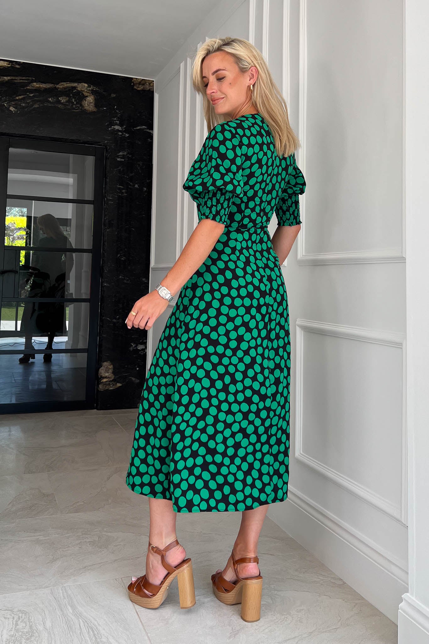 Shayla Green Polka Shirred Cuff Midi Dress