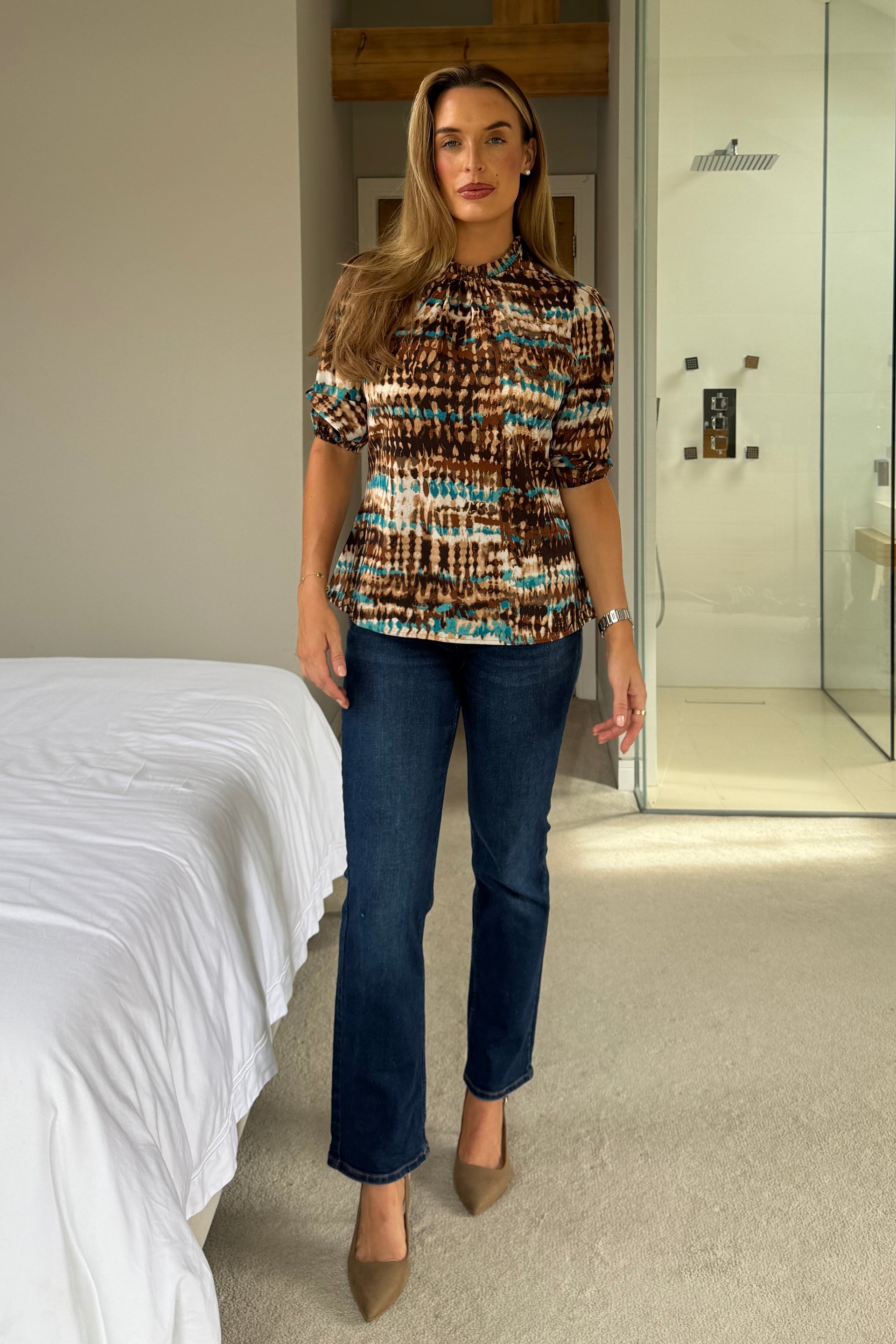 Aurelia Brown Turq Pleated Relax Fitted Top