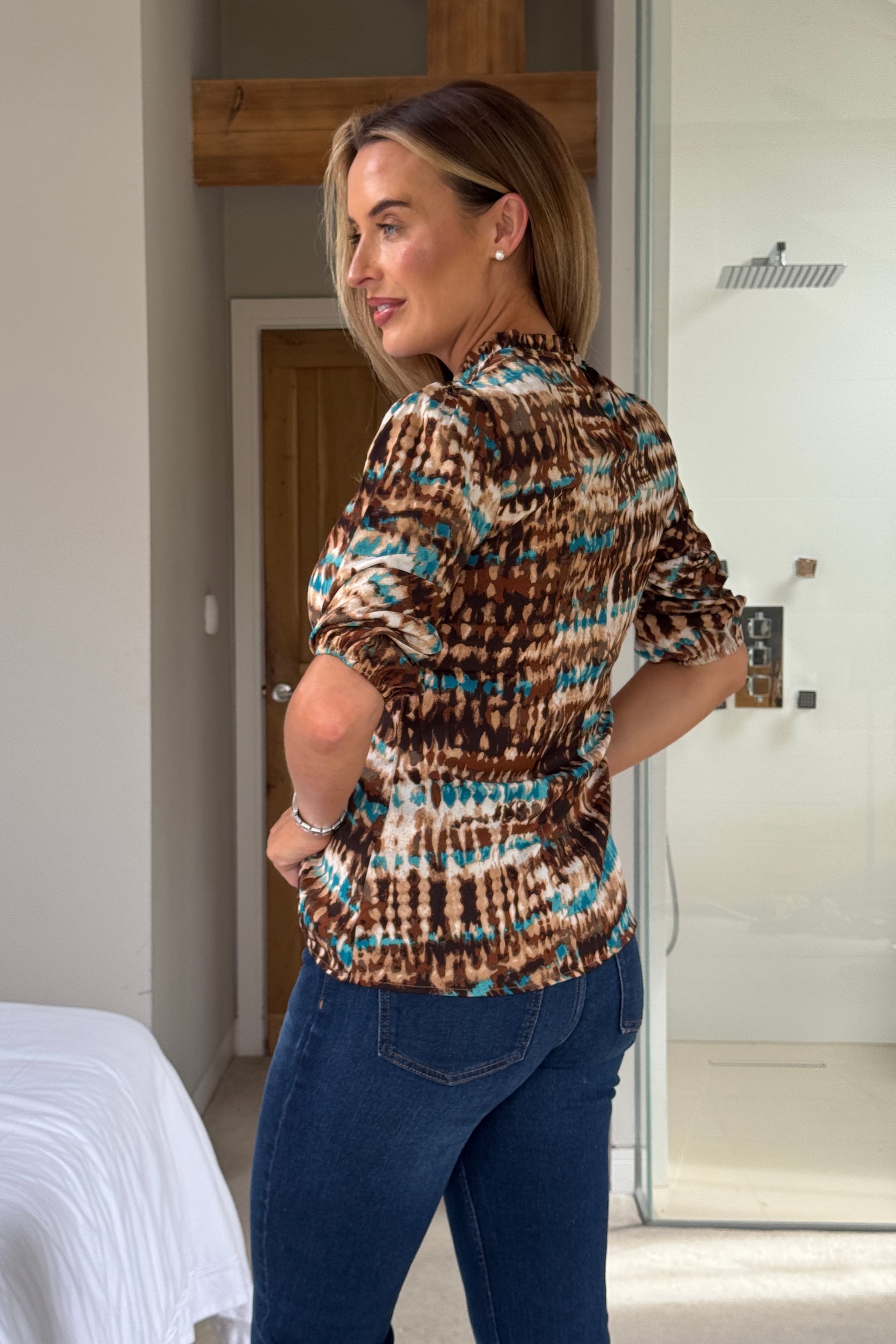 Aurelia Brown Turq Pleated Relax Fitted Top