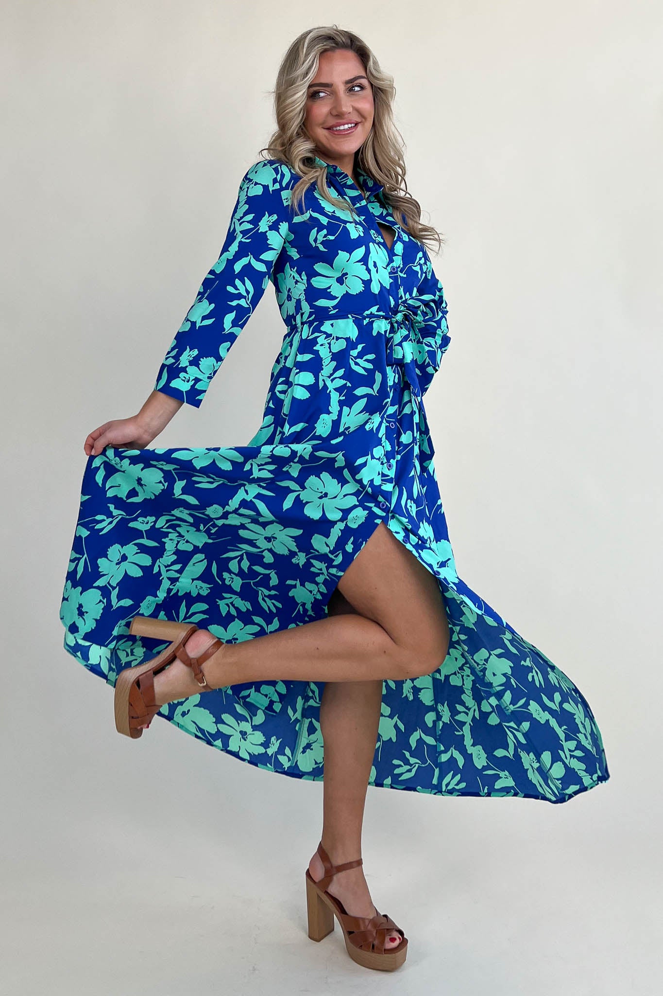 Brielle Cobalt & Aqua Floral Long Sleeve Shirt Maxi Dress