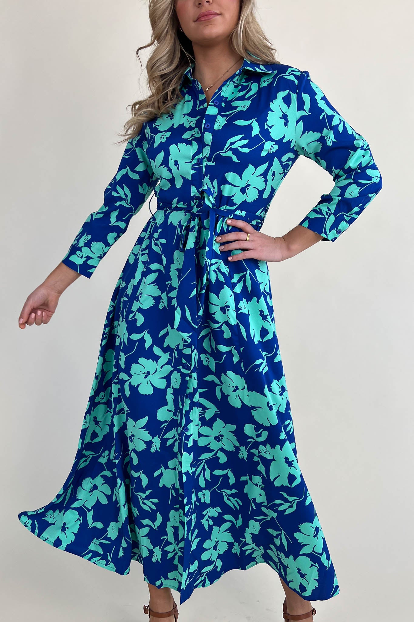 Brielle Cobalt & Aqua Floral Long Sleeve Shirt Maxi Dress