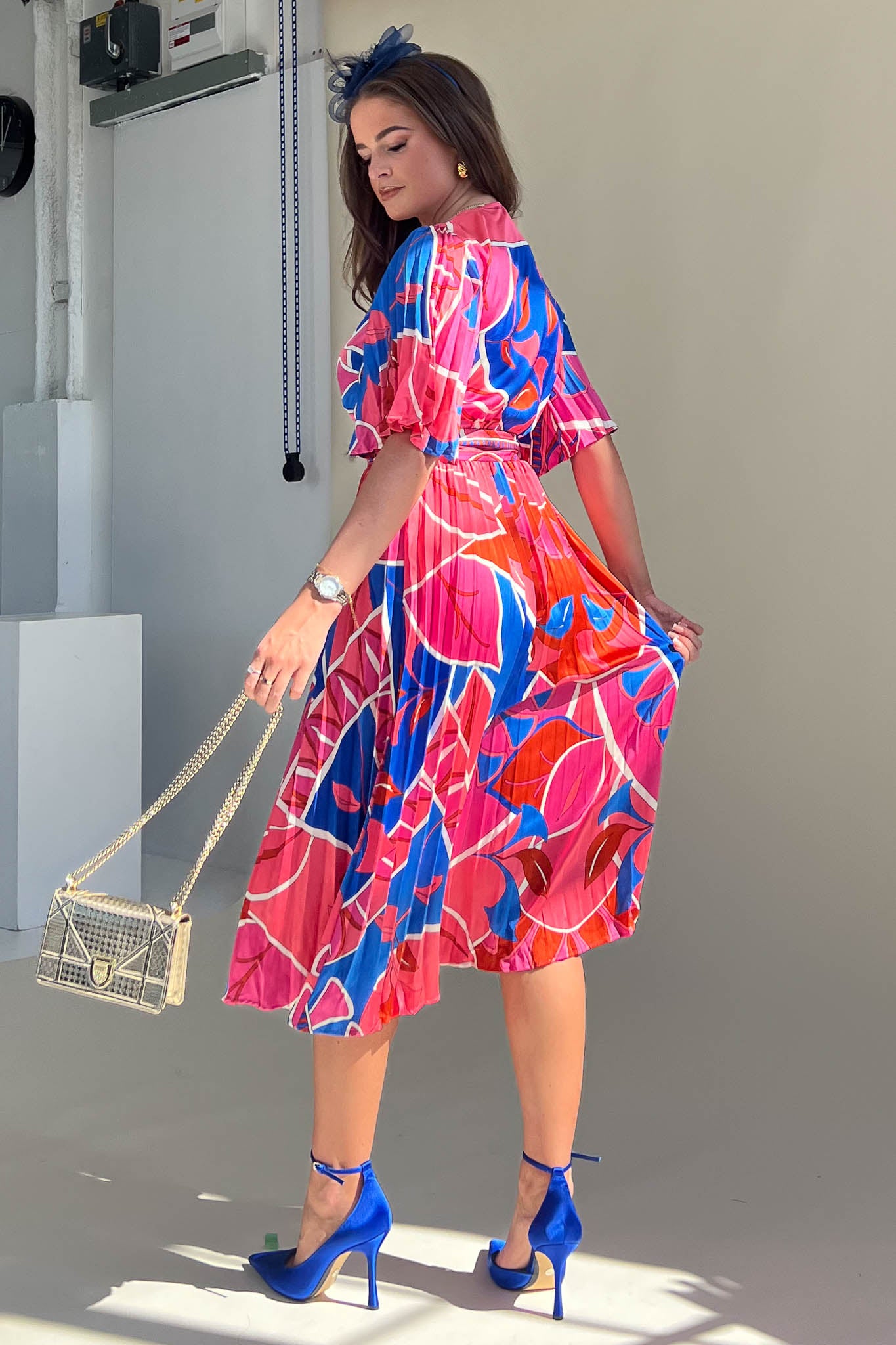 Felicia Cobalt Abstract Print Pleated Midi Dress