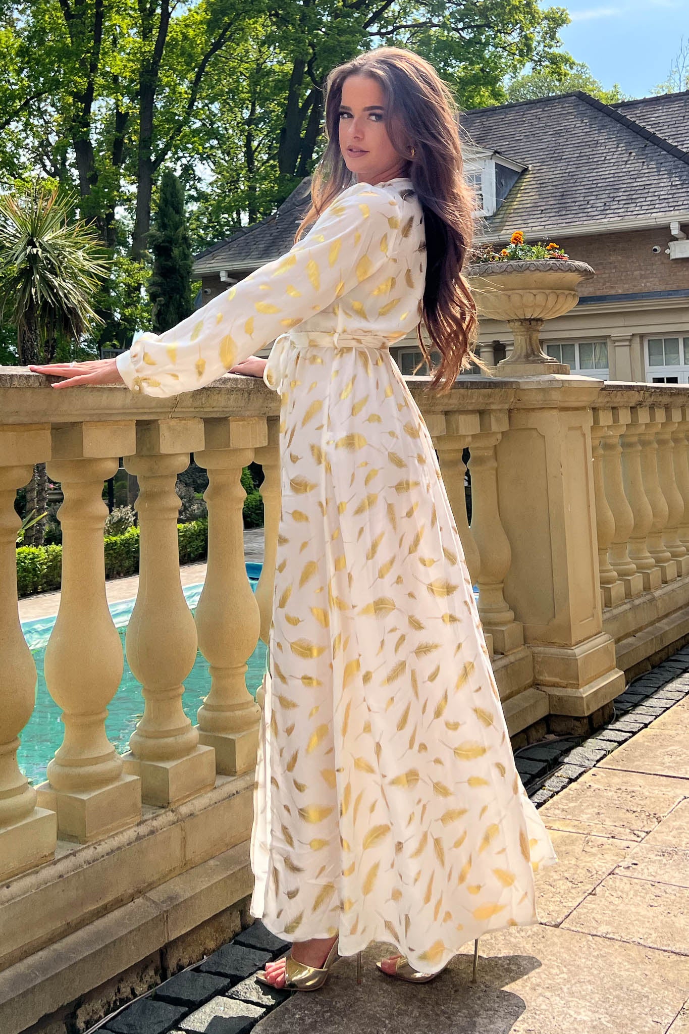 Nira White with Gold Feather dtl Wrap Dress