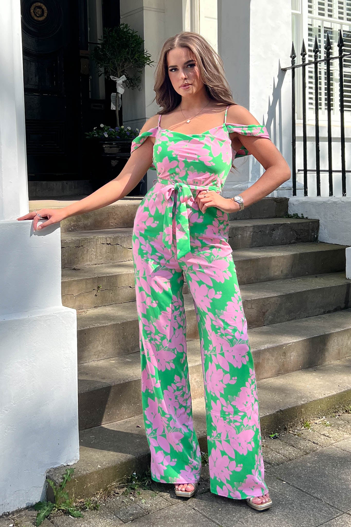 Flora Green and Pink Floral Printed Jumpsuit