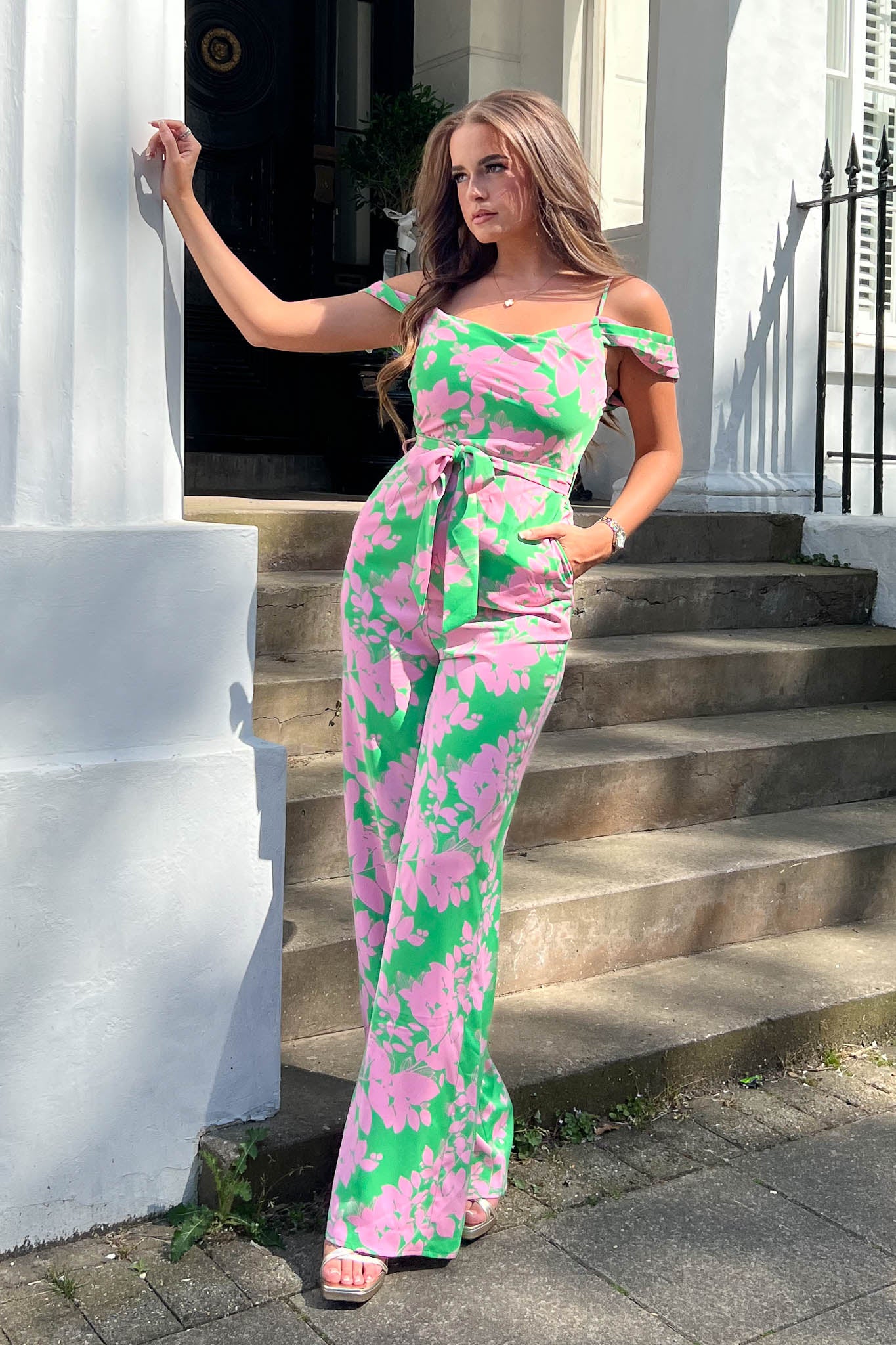 Flora Green and Pink Floral Printed Jumpsuit