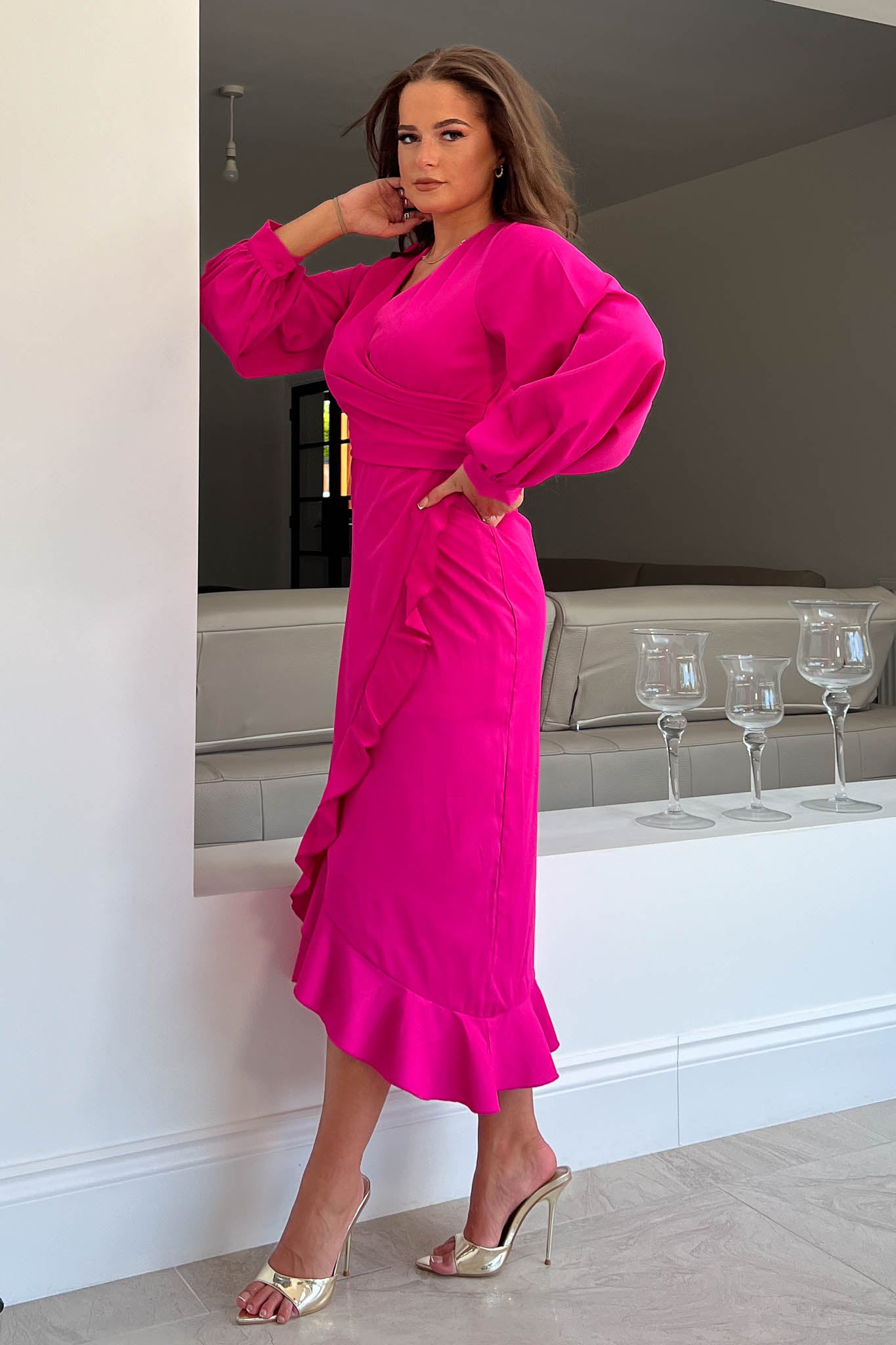 Elea Pink Wrap Dress with Frill Skirt Detailing