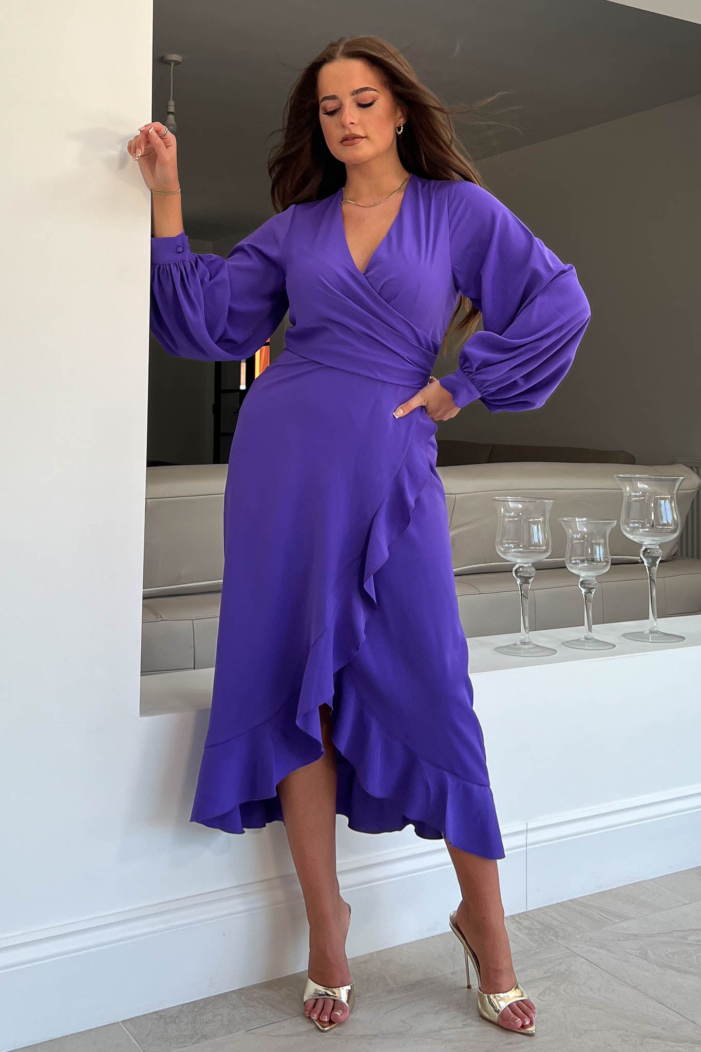 Elea Violet Wrap Dress with Frill Skirt Detailing