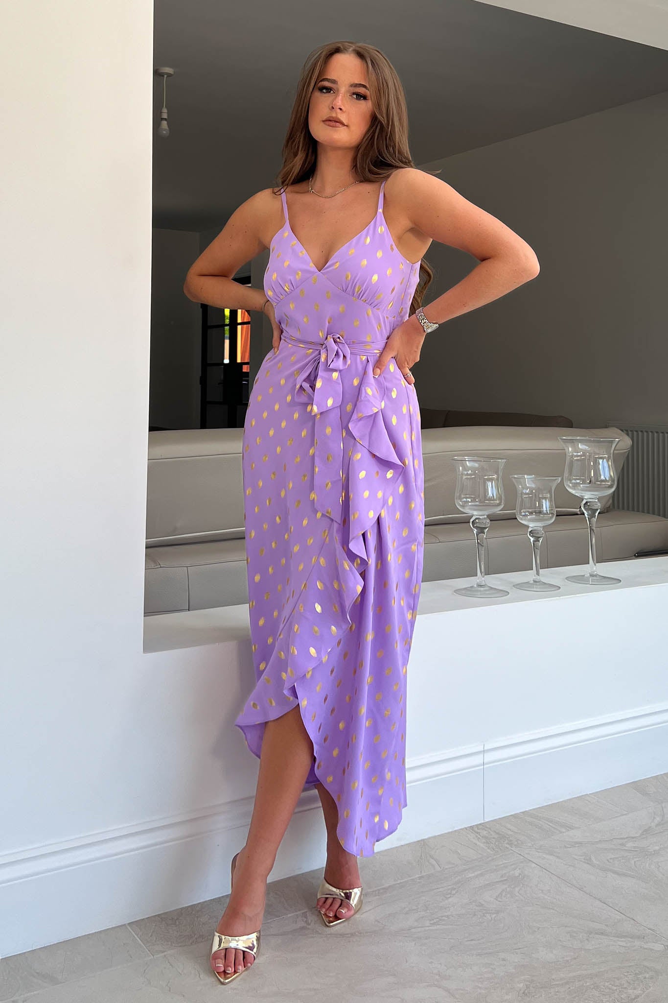 Isadora Lilac with Gold Foil Cami Frill Detail Maxi Dress