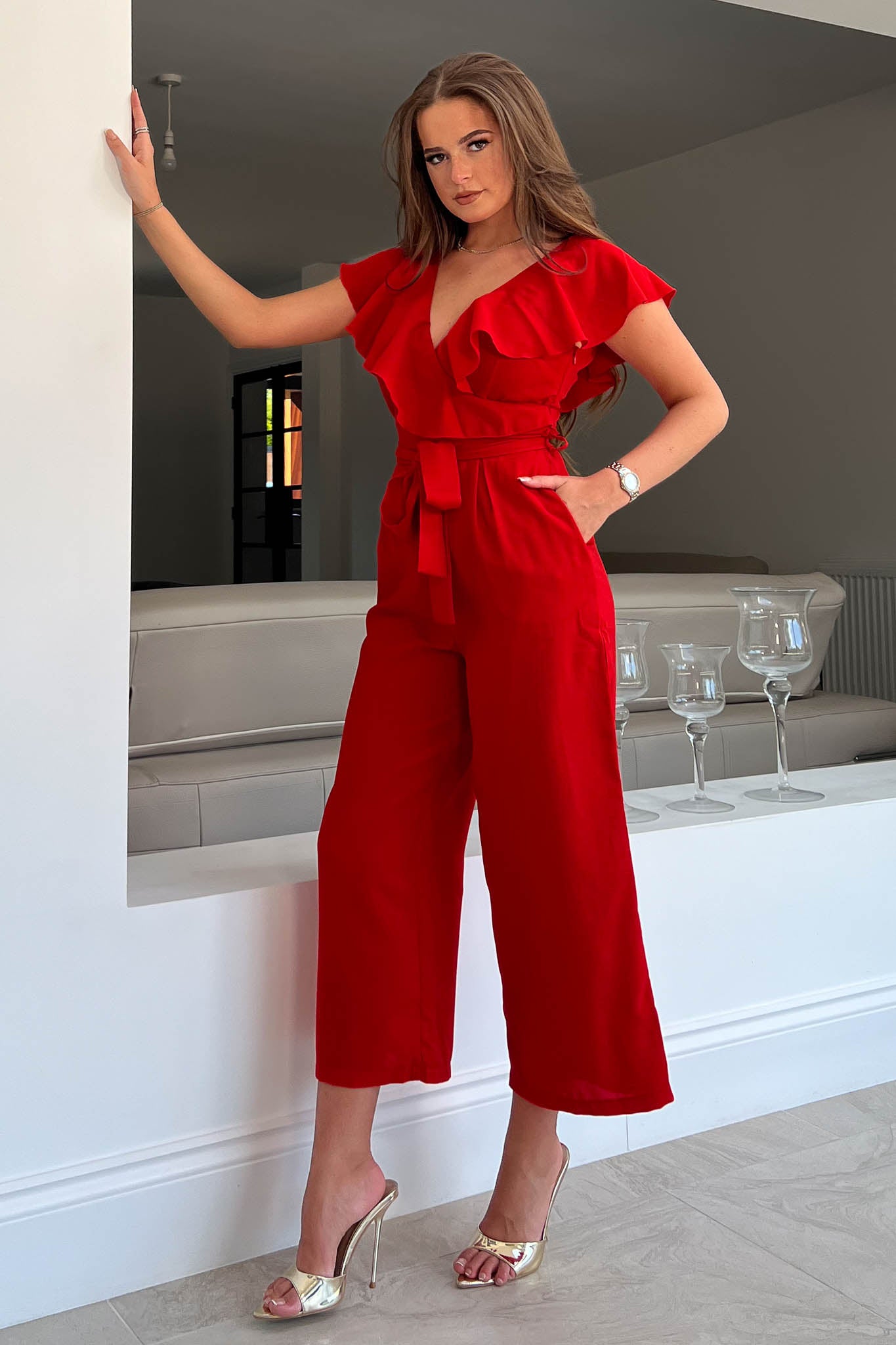 Lyra Red Frilled Neck Jumpsuit