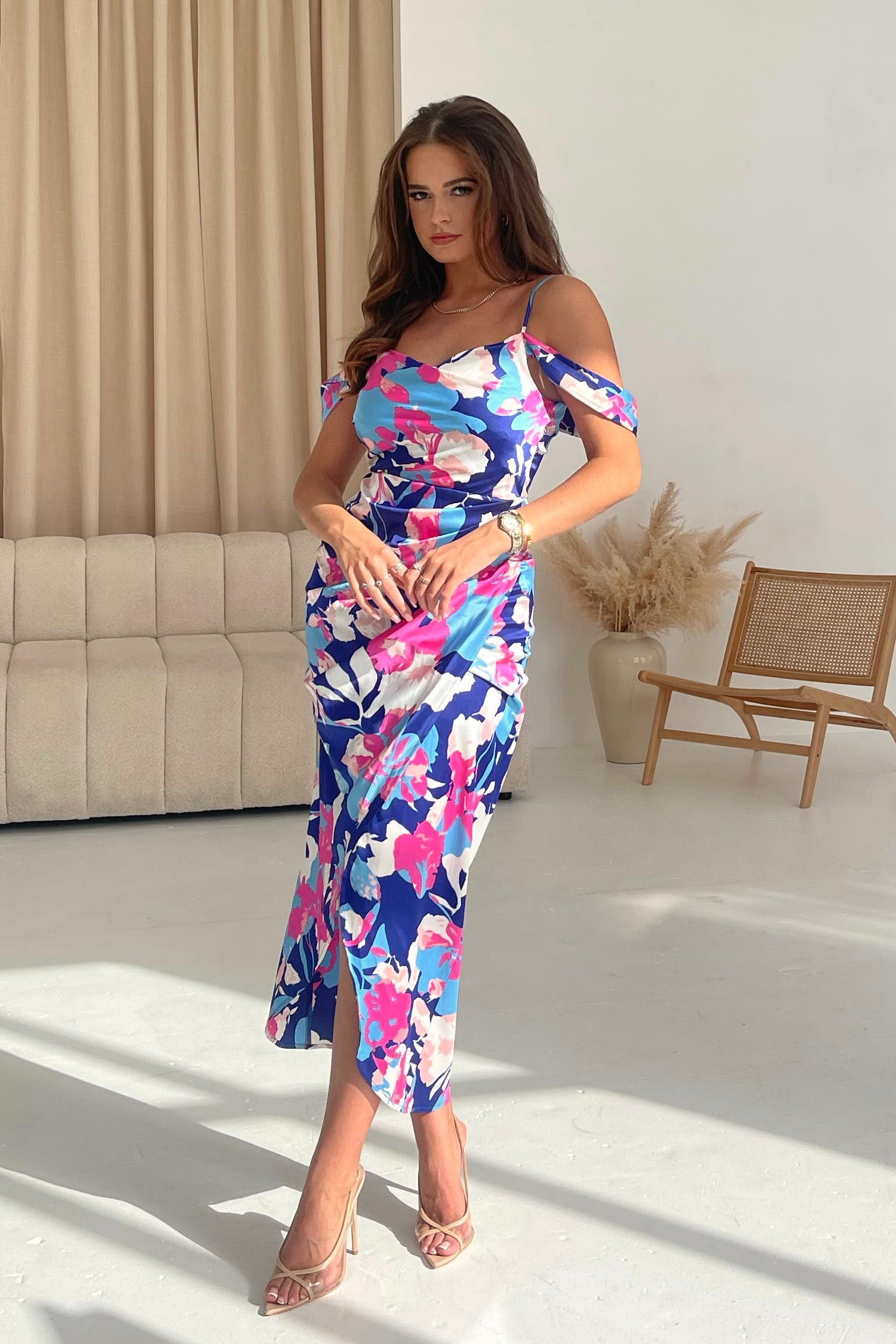 Camila Pink Blue Wrap Over Midi Dress