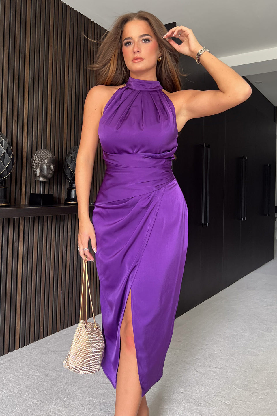 Alessia Satin Halter Neck Midi Dress Purple
