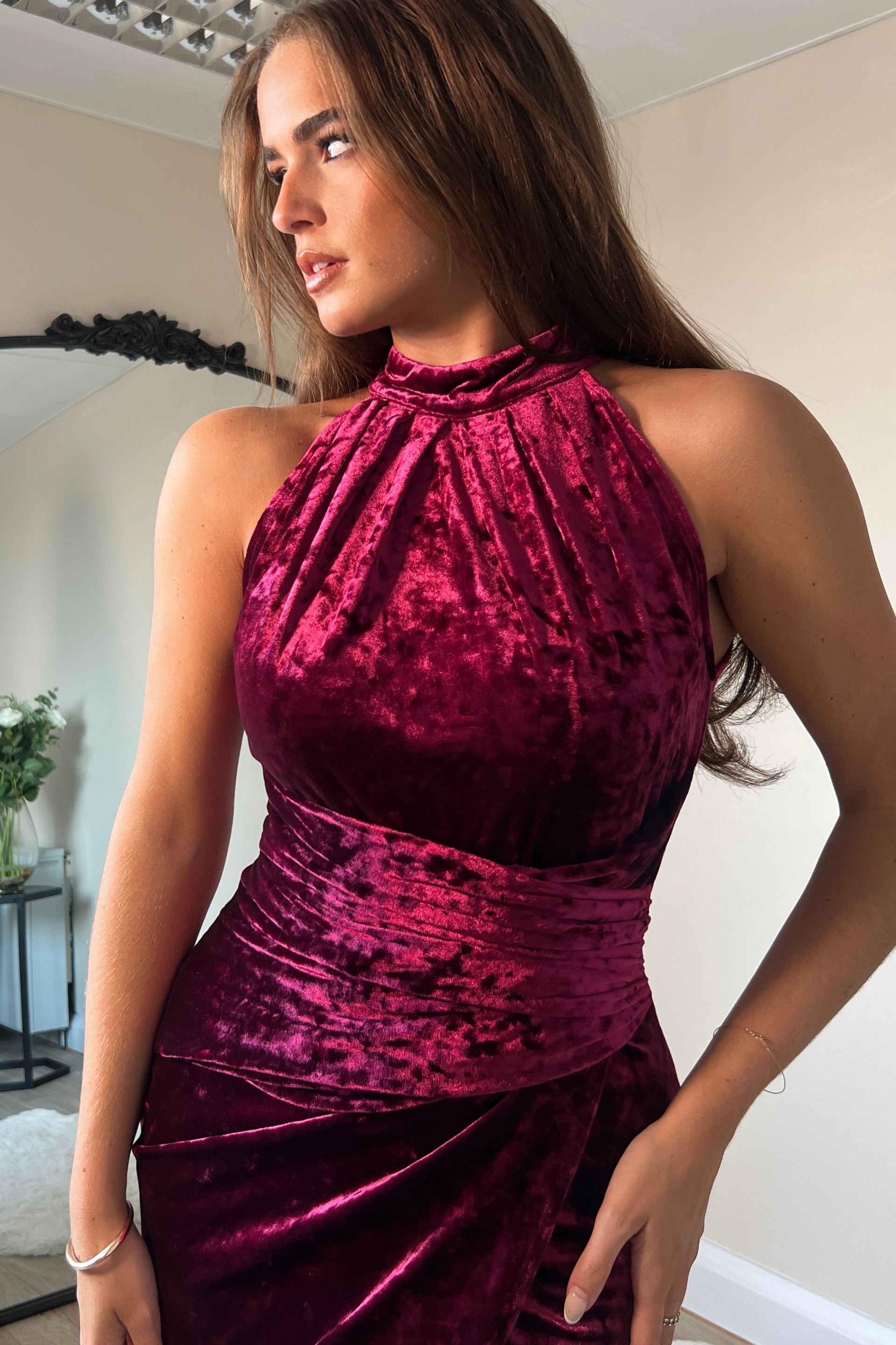 Alessia Velvet Halter Neck Midi Dress Wine Girl In Mind Alessia Velvet Halter Neck Midi Dress Wine Girl In Mind