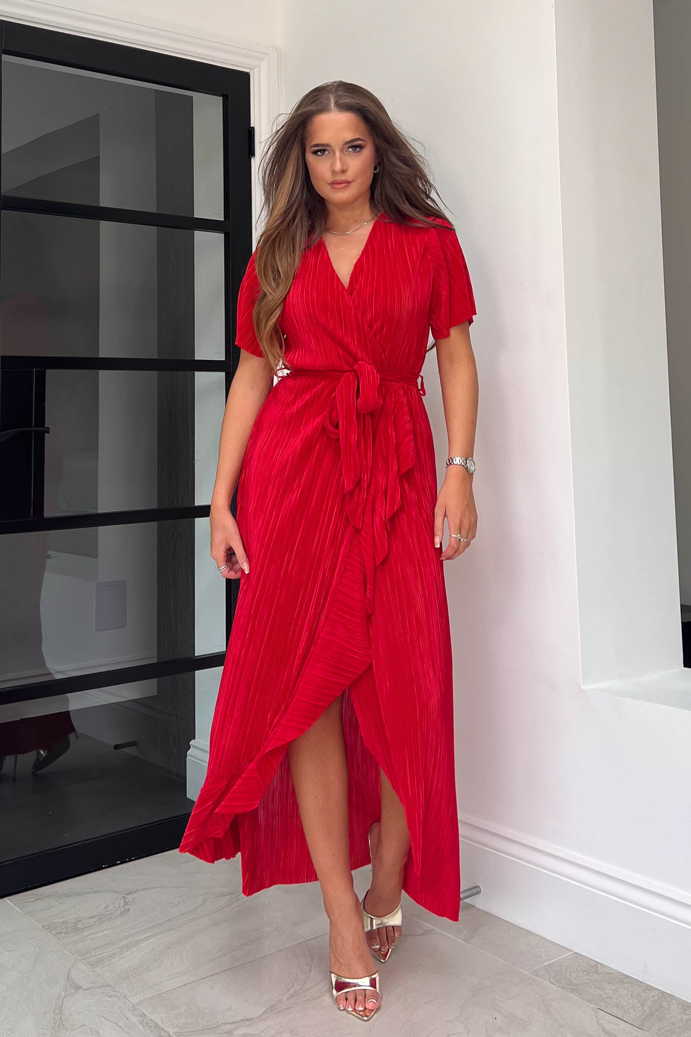 Farrah Red Plisse Split Hem Frill Detail Maxi Dress