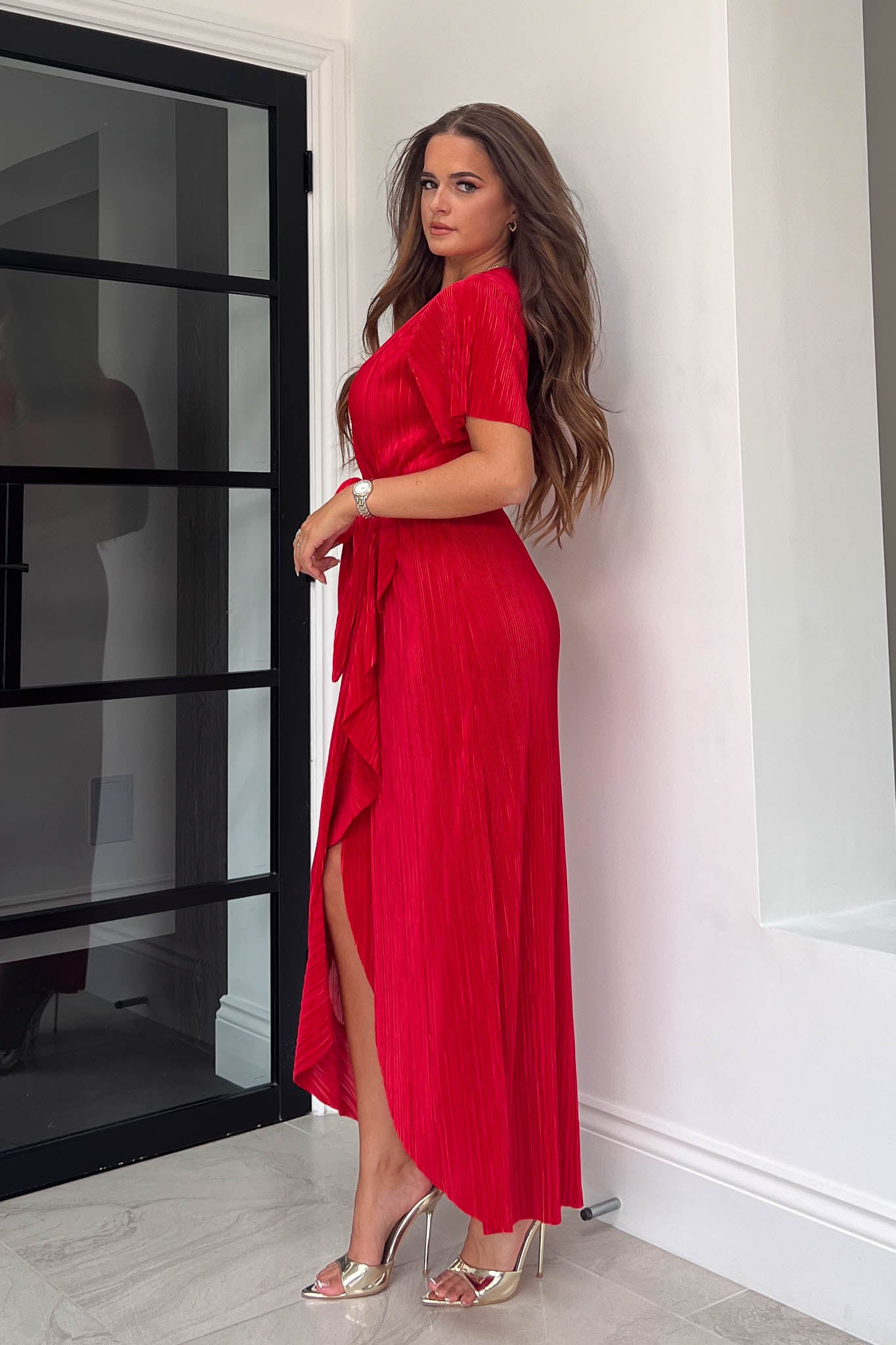 Farrah Red Plisse Split Hem Frill Detail Maxi Dress
