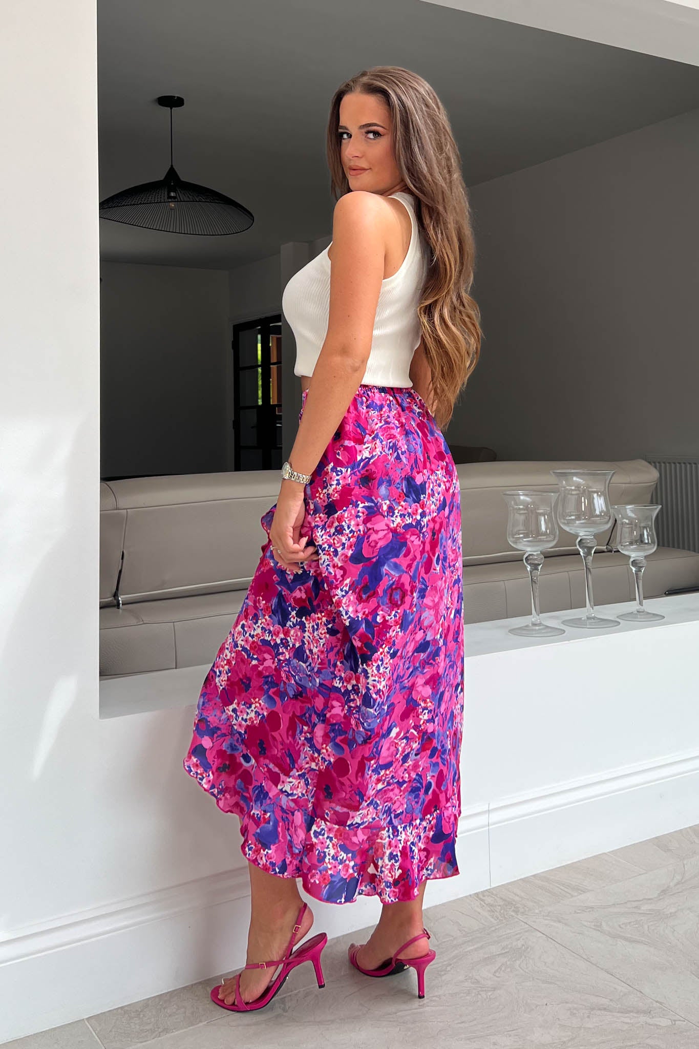 Emily Pink Floral Frill Detail Wrap Skirt