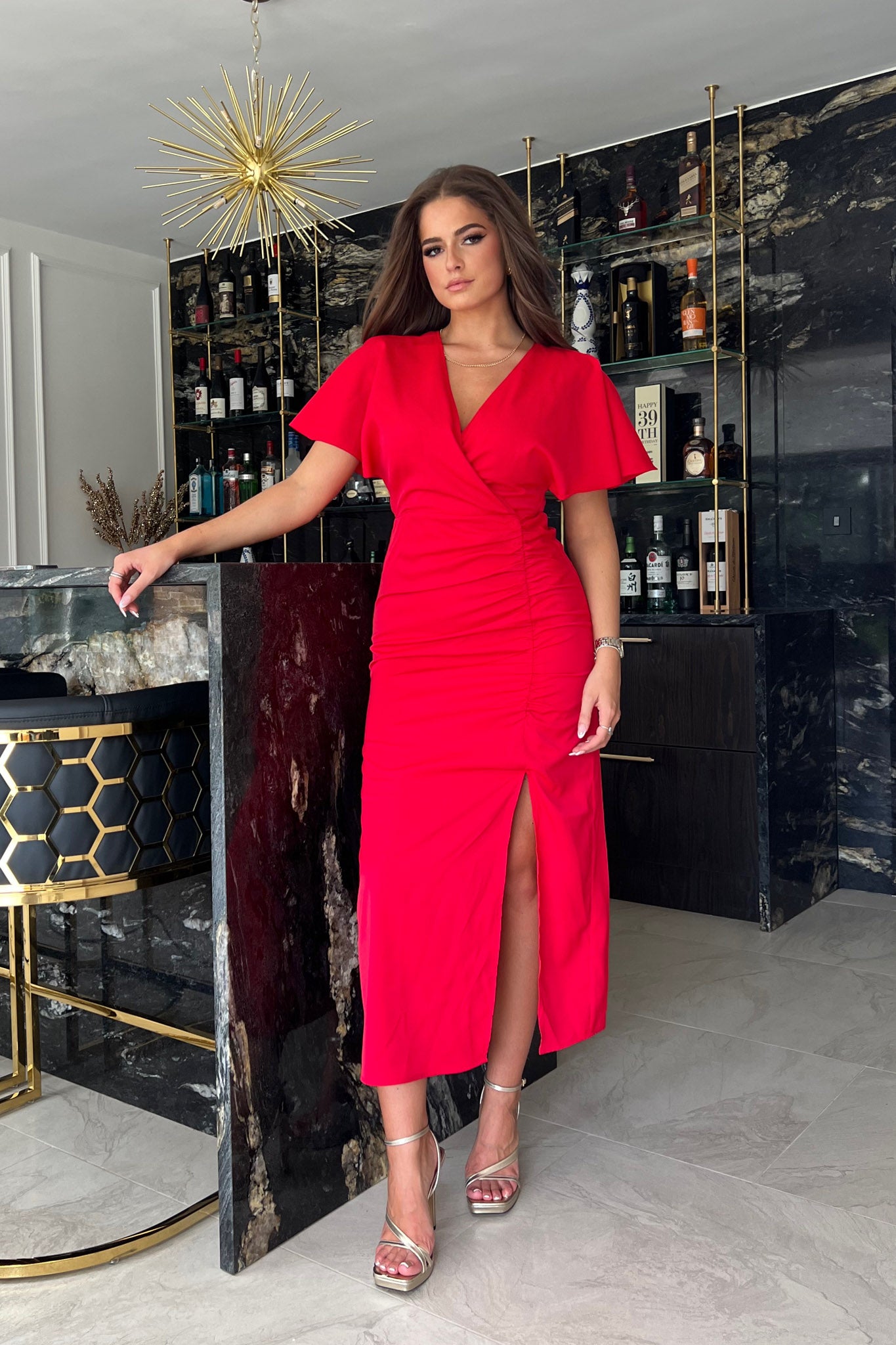 Priscilla RED Wrap Over Ruched Detail Midi Dress