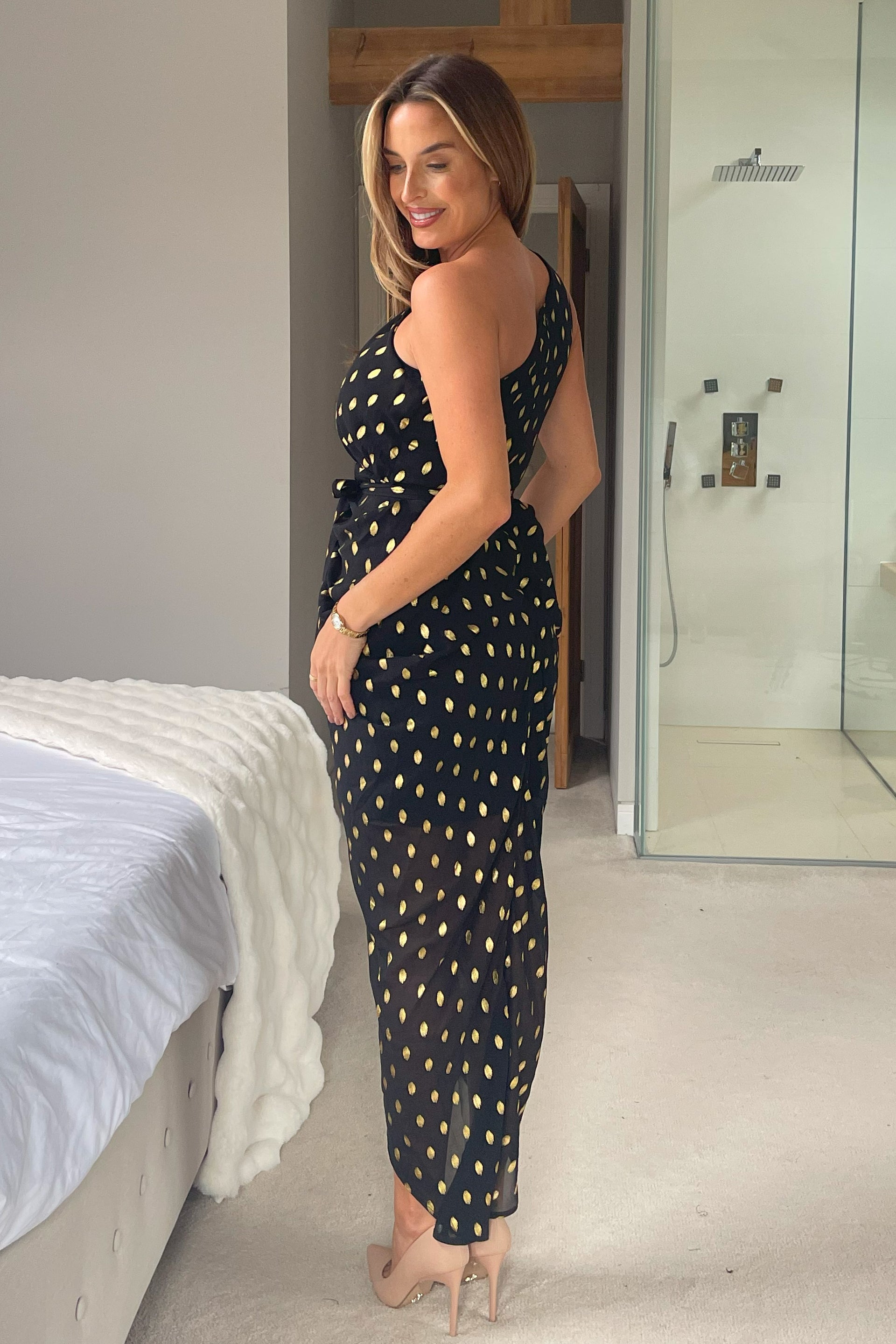 Bella Ruched Detail One Shoulder Dress Black Gold Foil Girl In Mind Bella Ruched Detail One Shoulder Dress Black Gold Foil Girl In Mind