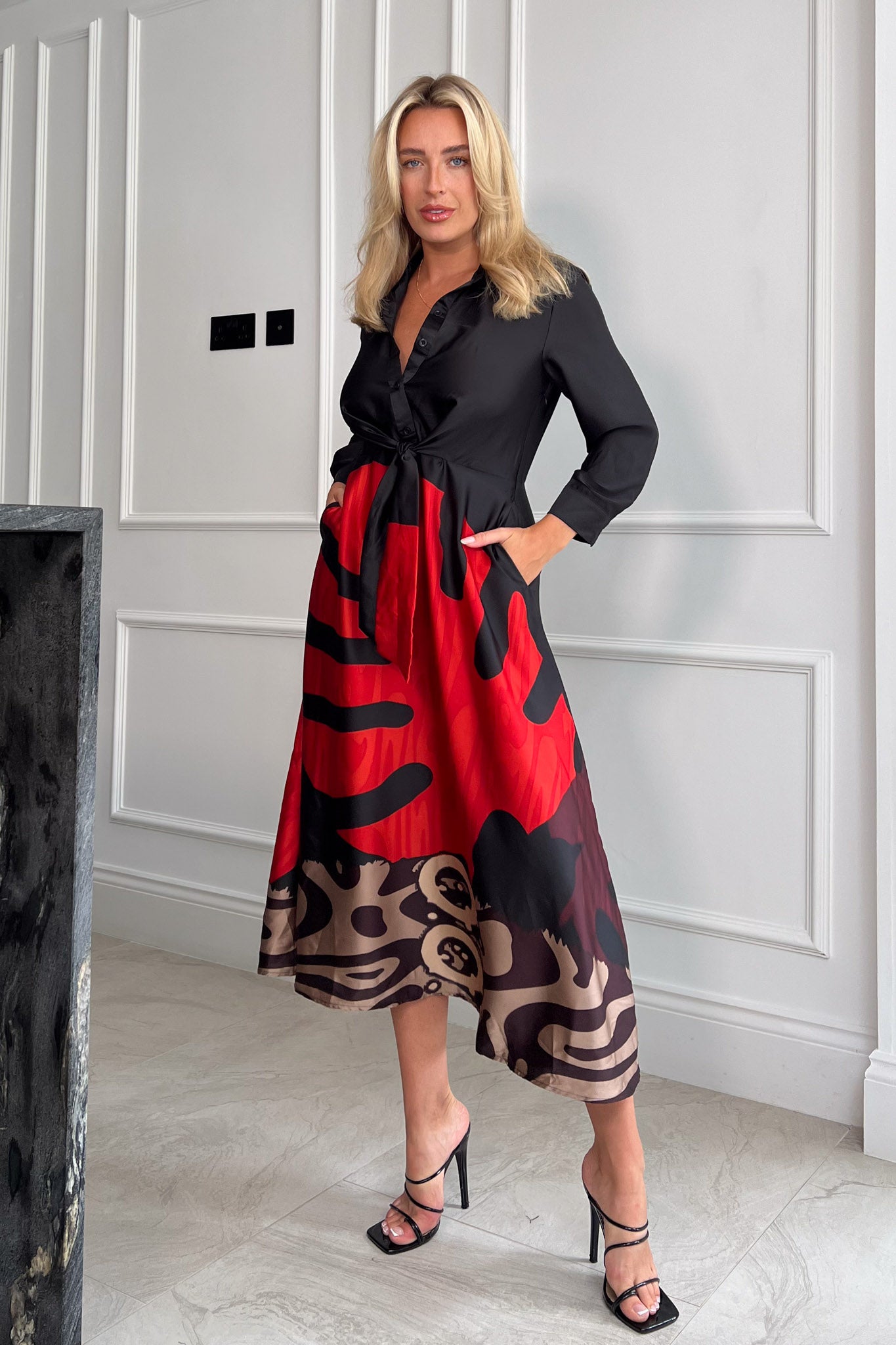 Isabella Red Leaf Tie Front Shirt Dress isabella-red-leaf-tie-front-shirt-dress