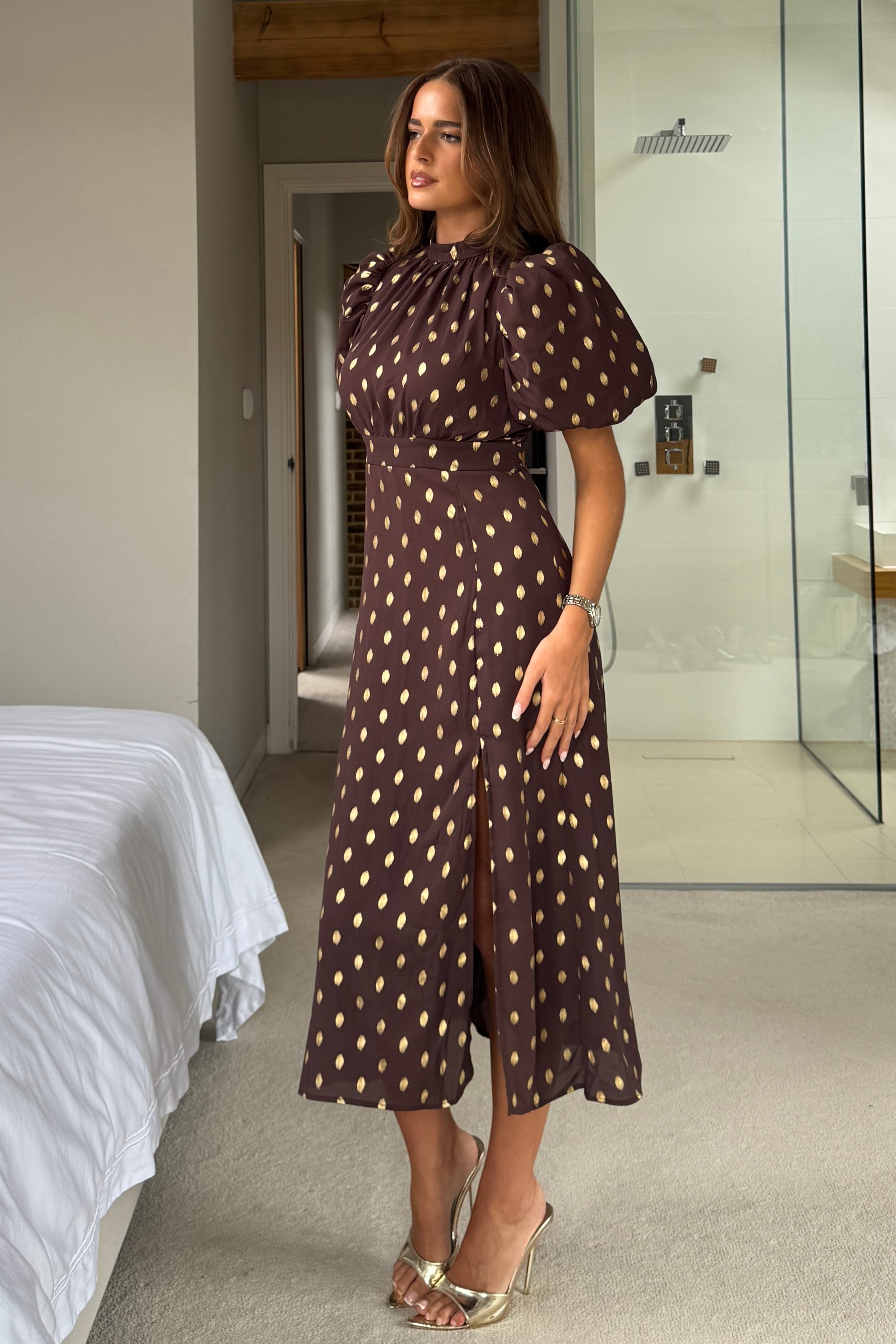 Lilith Brown & Gold Puff Sleeve High Neck Midi Dress – Girl In Mind Lilith Brown & Gold Puff Sleeve High Neck Midi Dress – Girl In Mind