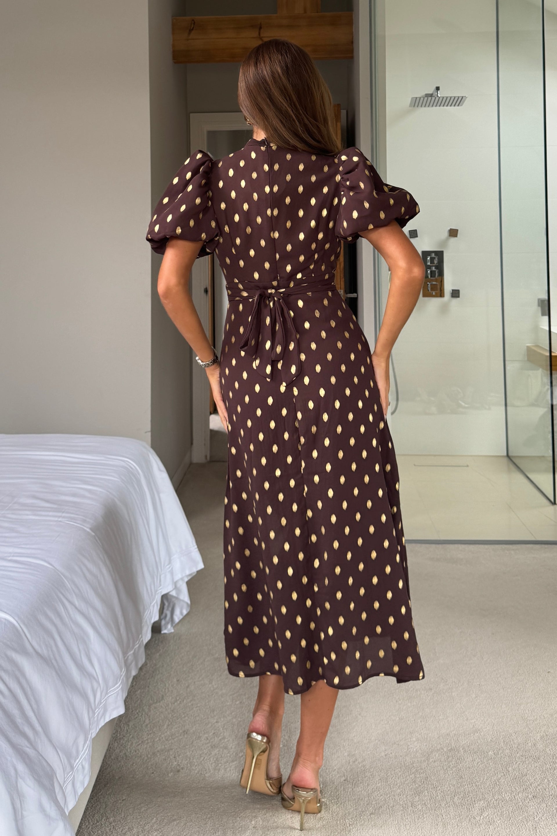 Lilith Brown & Gold Puff Sleeve High Neck Midi Dress Girl In Mind Lilith Brown & Gold Puff Sleeve High Neck Midi Dress Girl In Mind