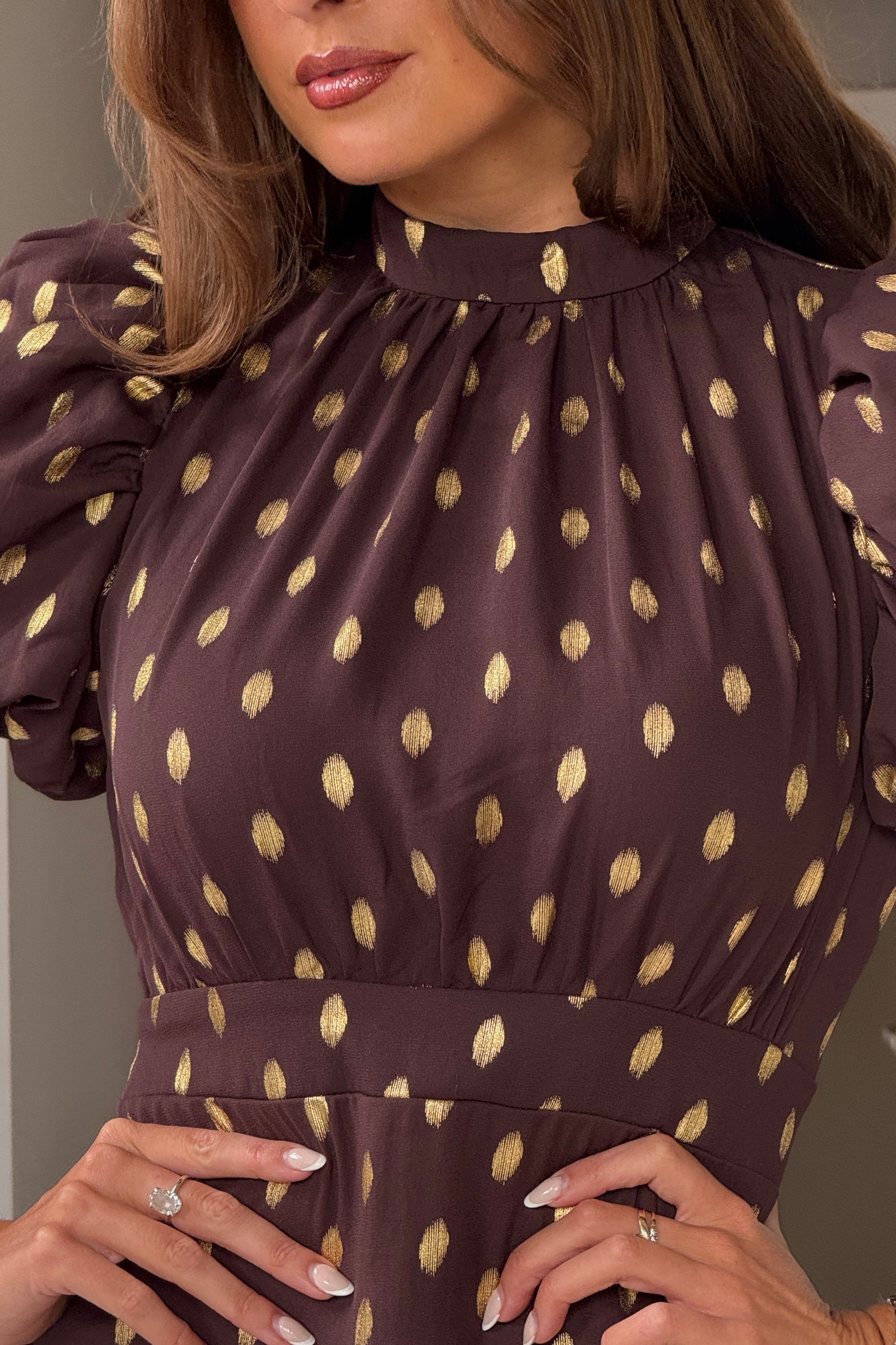 Lilith Brown & Gold Puff Sleeve High Neck Midi Dress Girl In Mind Lilith Brown & Gold Puff Sleeve High Neck Midi Dress Girl In Mind