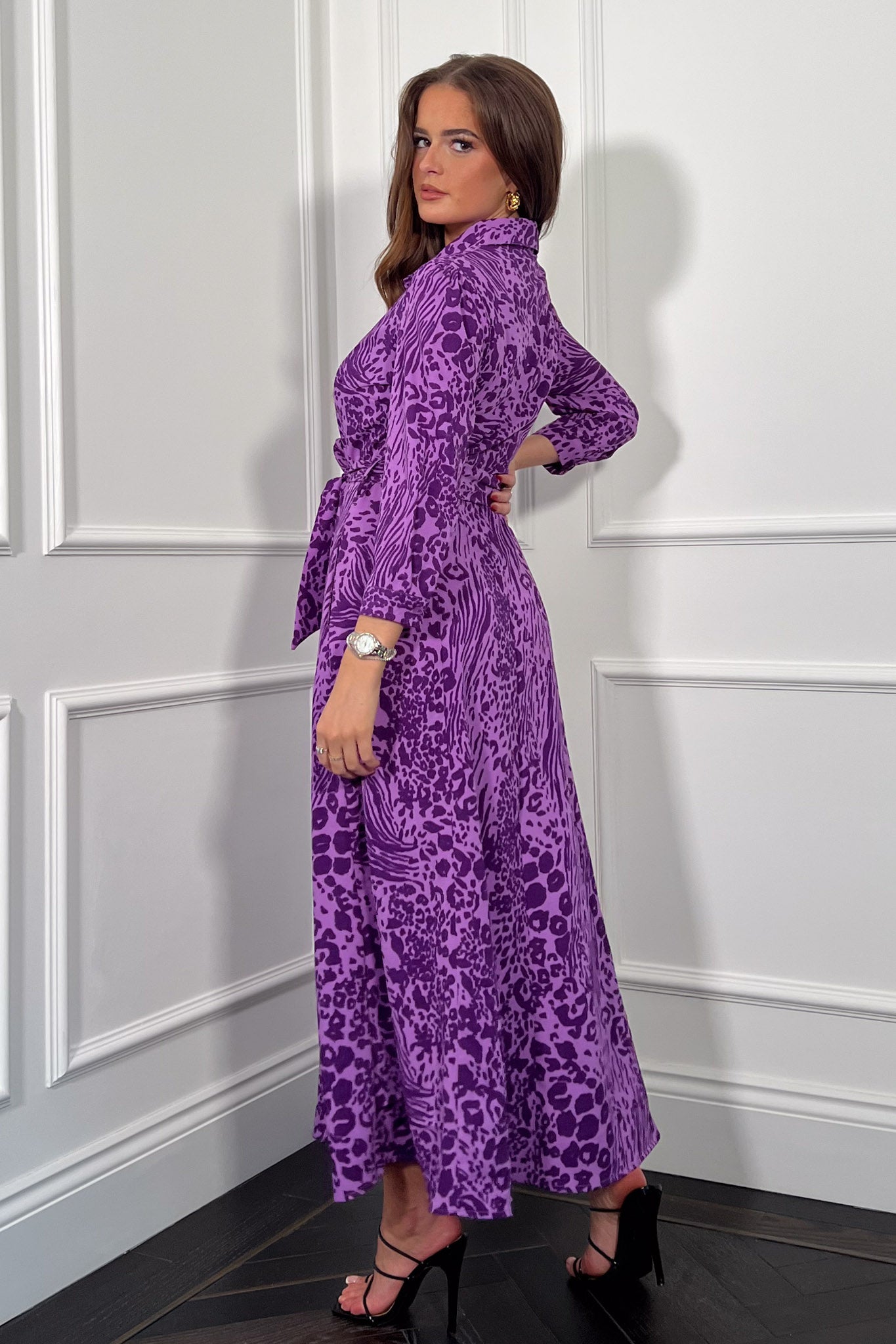 Angela Purple Animal  Long Sleeve Shirt Dress