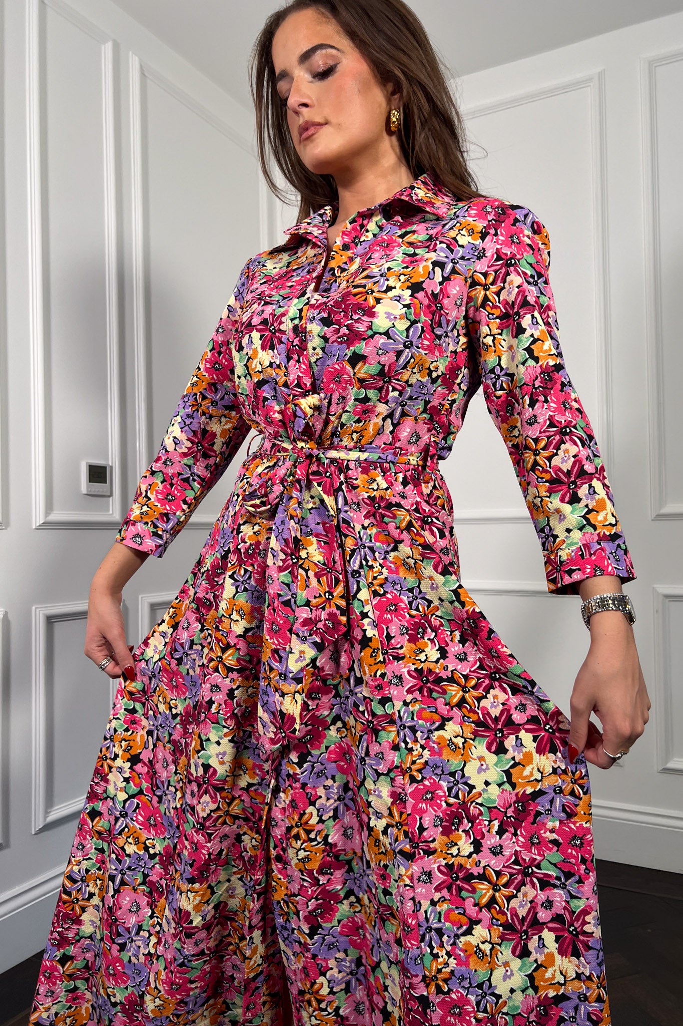 Angela Multi Floral Long Sleeve Shirt Dress Girl In Mind