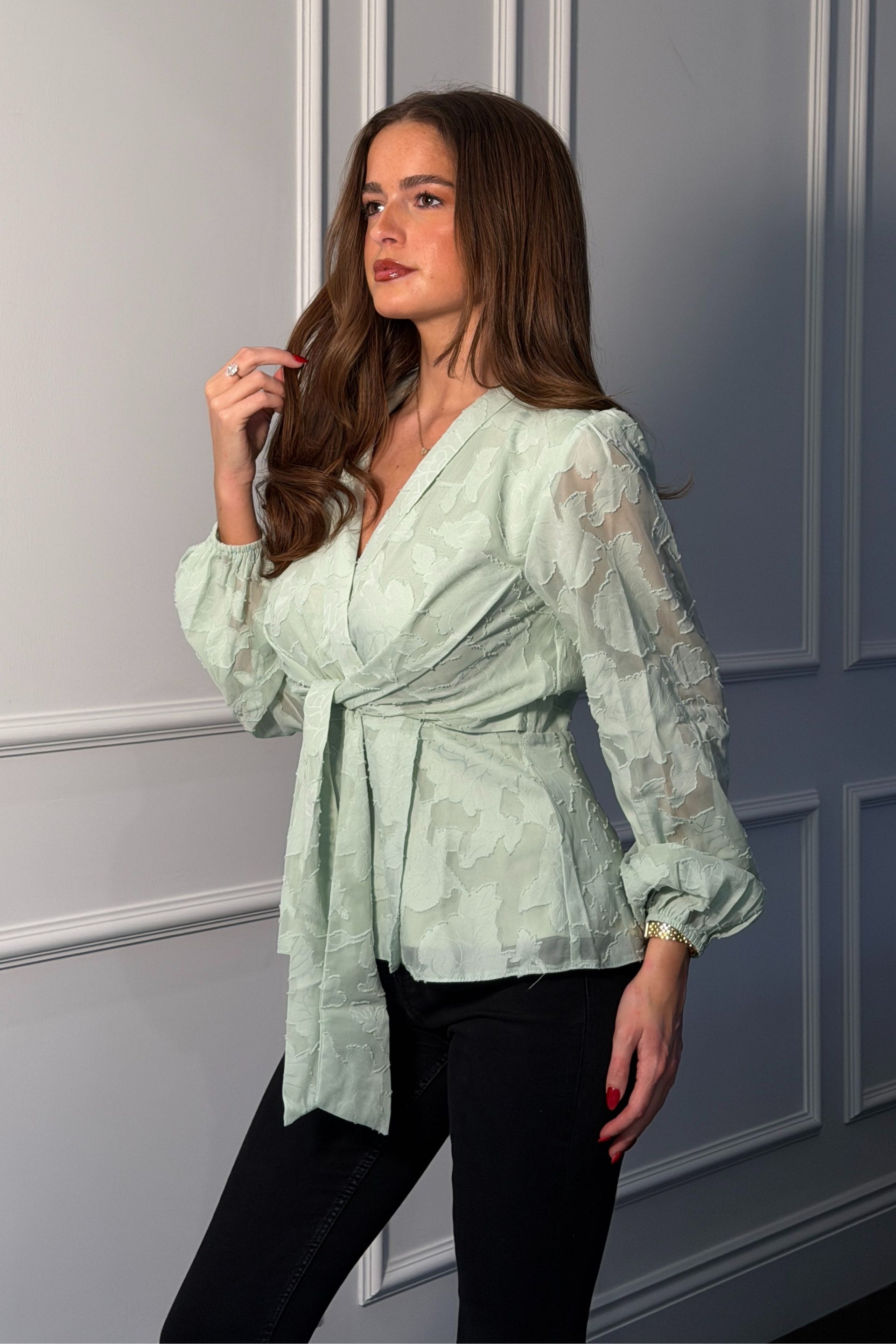 Brooke Wrap Tie Long Sleeve Burnout Mint