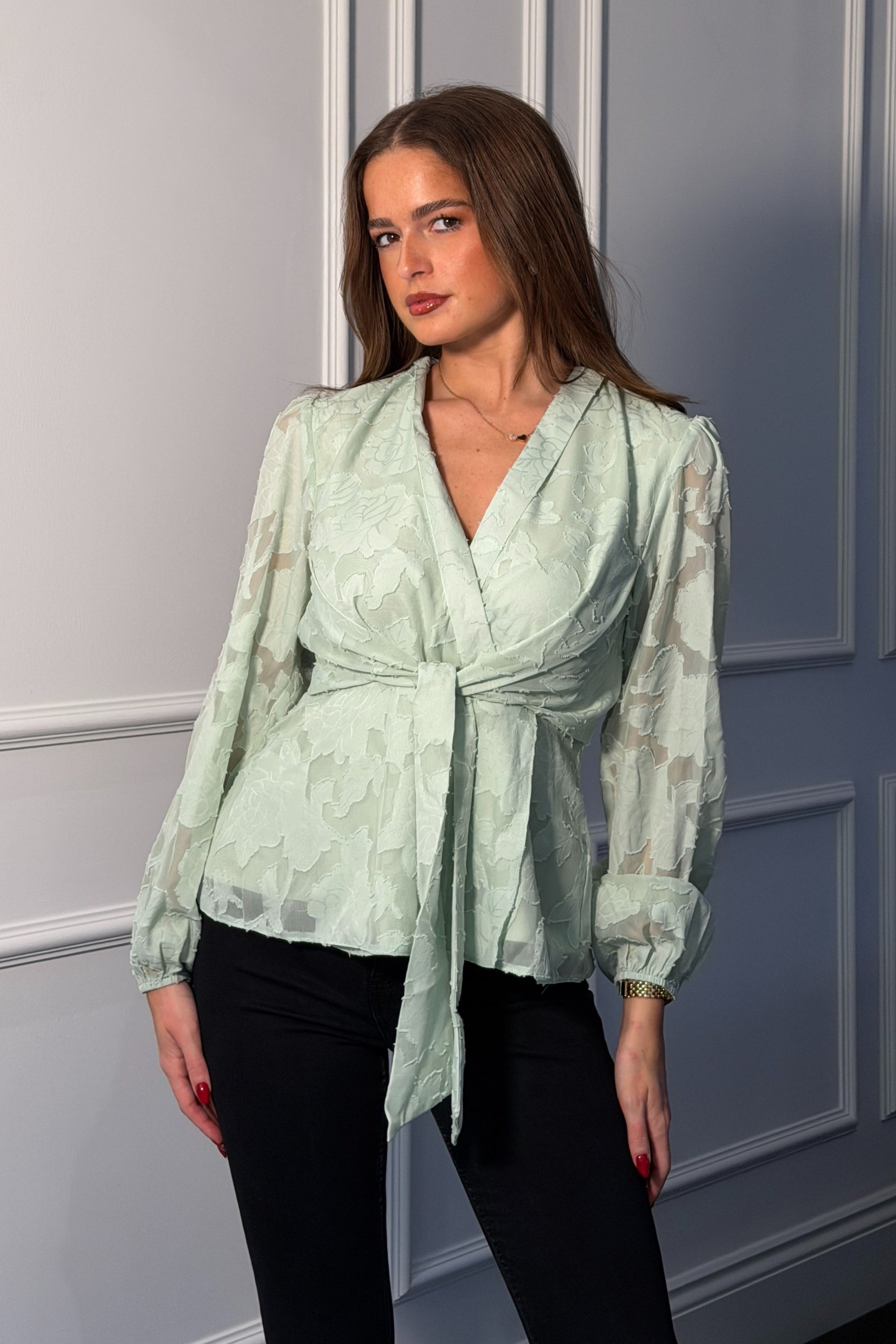 Brooke Wrap Tie Long Sleeve Burnout Mint