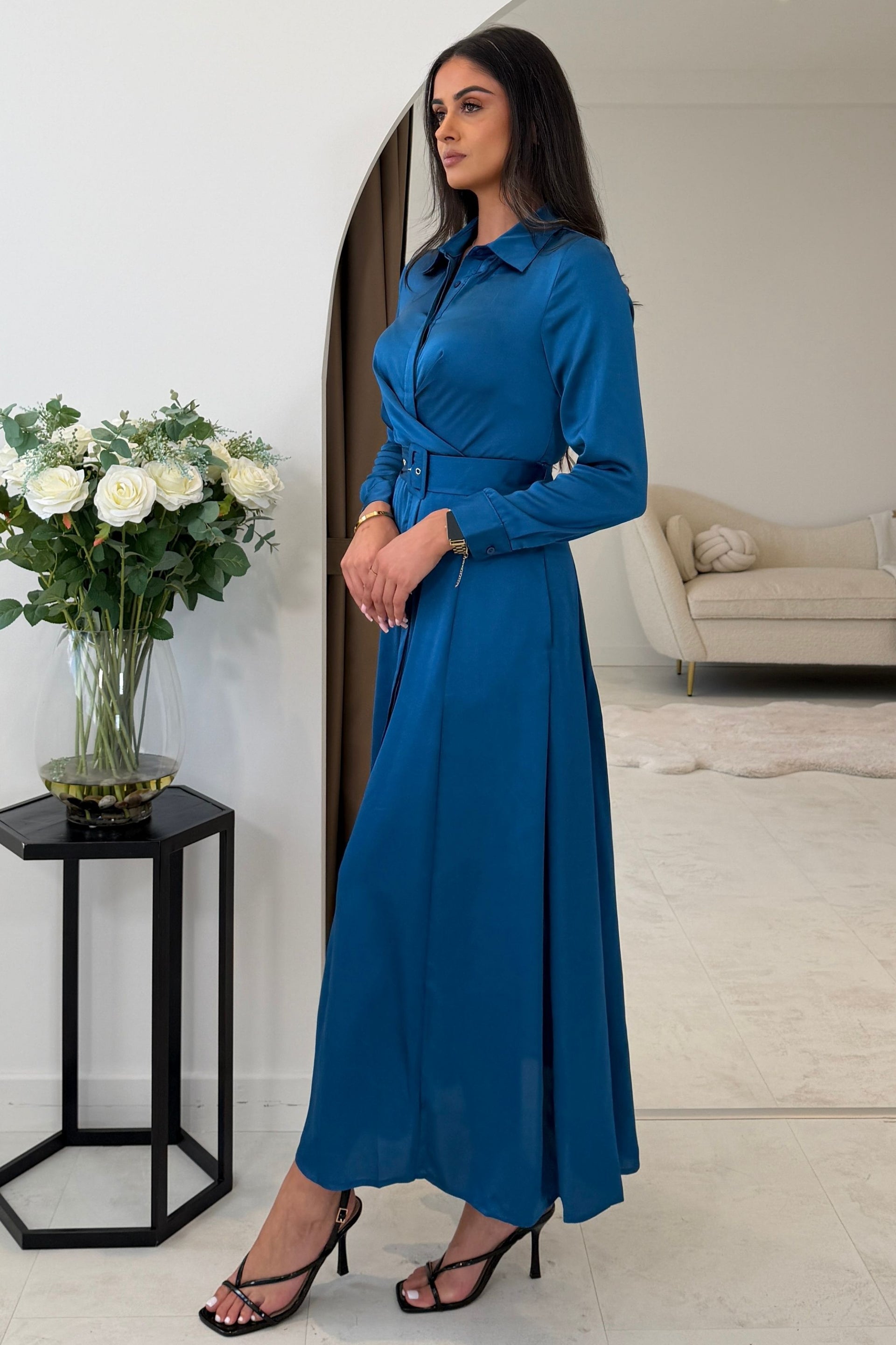 Kira Wrap Detail Maxi Shirt Dress In Petrol Blue
